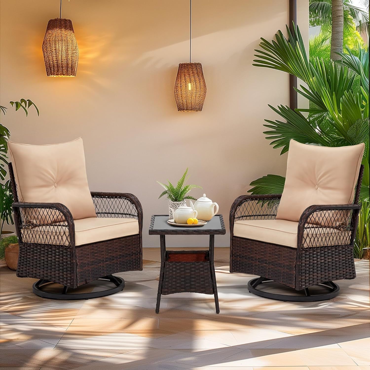 3 Piece Patio Set, Outdoor Swivel Rocker Patio Chairs with Thick Cushions and Glass Table for Balcony Front Porch Poolside Garden Deck, Beige