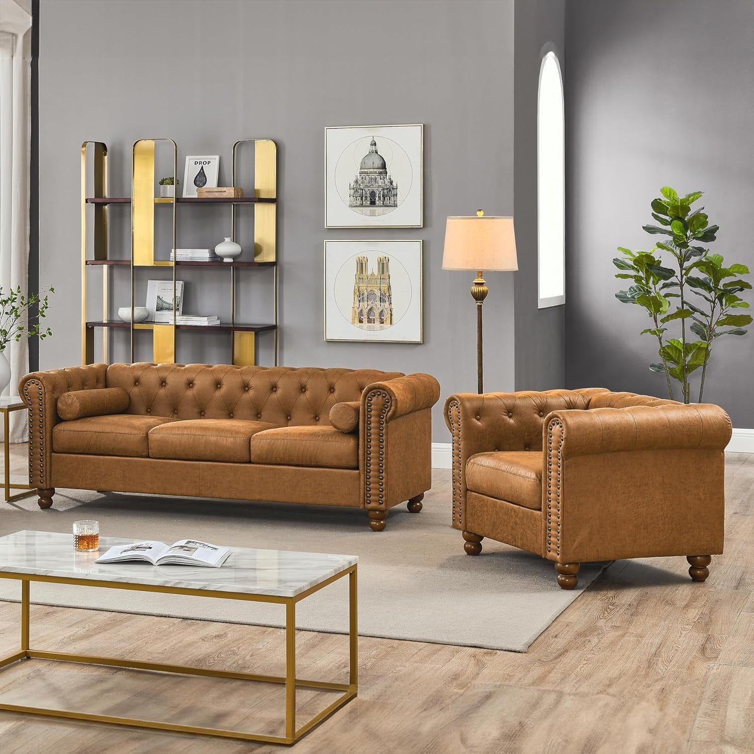 ir Lether Sof Couch Set, 2-Piece Living Room Set, Including Rolled rm 3-Seter Sof nd ccent rmchir
