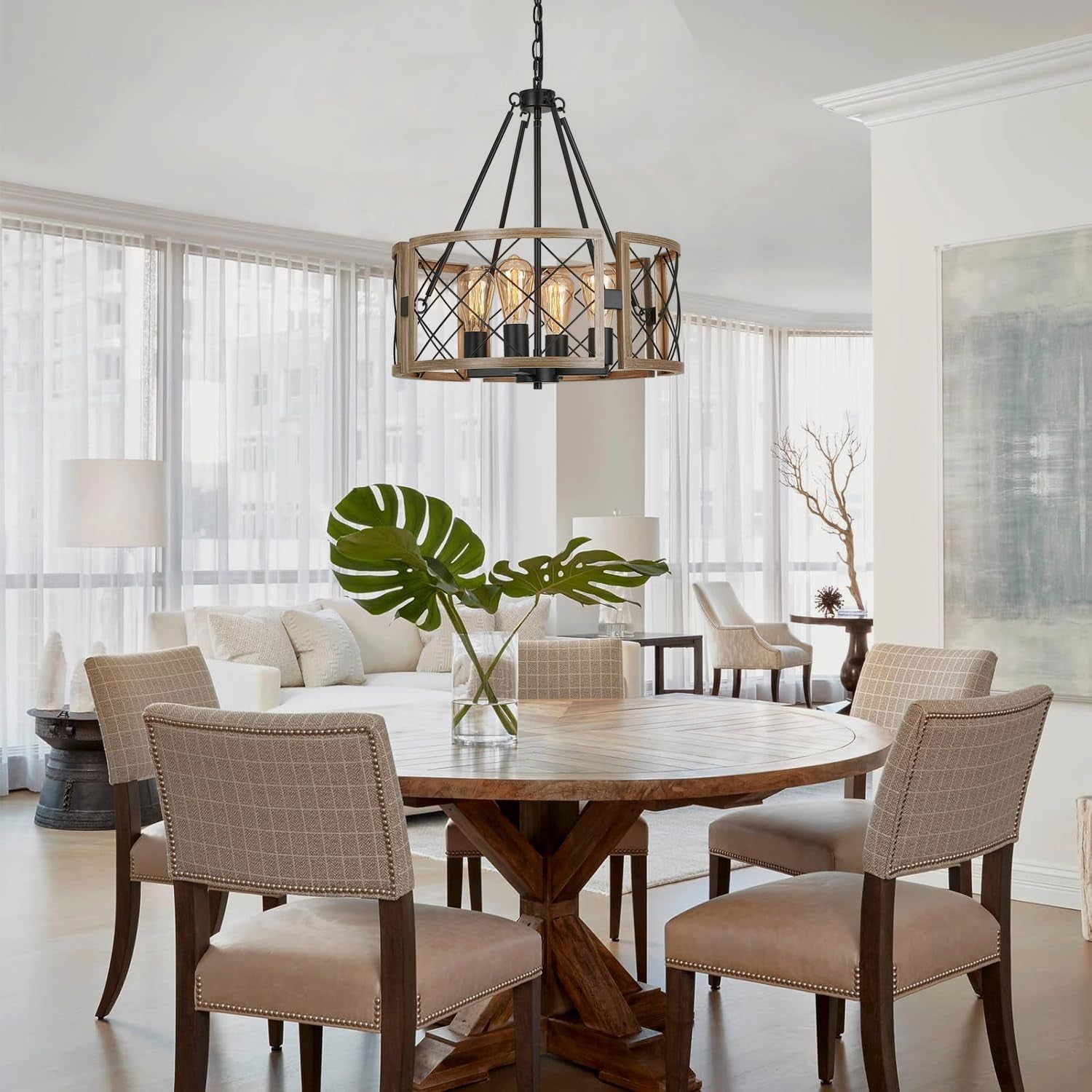 4-Light Modern Farmhouse Chandelier Grey Wood Rustic