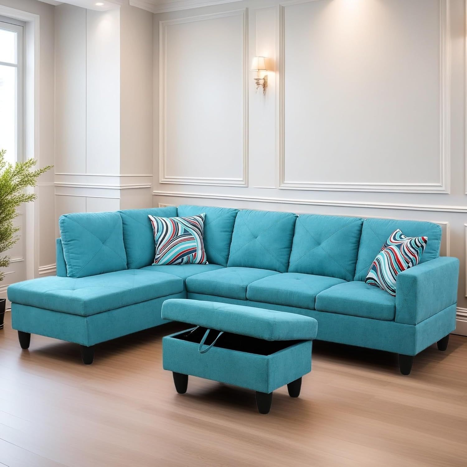 L Shaped Sectional Couch Sofa, Modern Couches for Living Room, Comfy 4 Seat Modular Sectional Sofa with Ottoman Storage for Bedroom Apartment, Blue