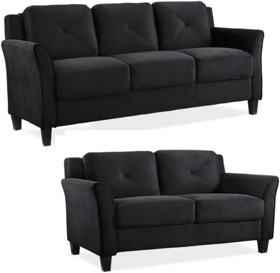 2-Piece Polyester Microfiber Fabric Upholstered Sofa Set with 78&quot; W Sofa &amp; 56&quot; W Loveseat, Curved Arms, Sturdy Wood Frame &amp; Legs, Tufted Back Cushions, in Black Finish