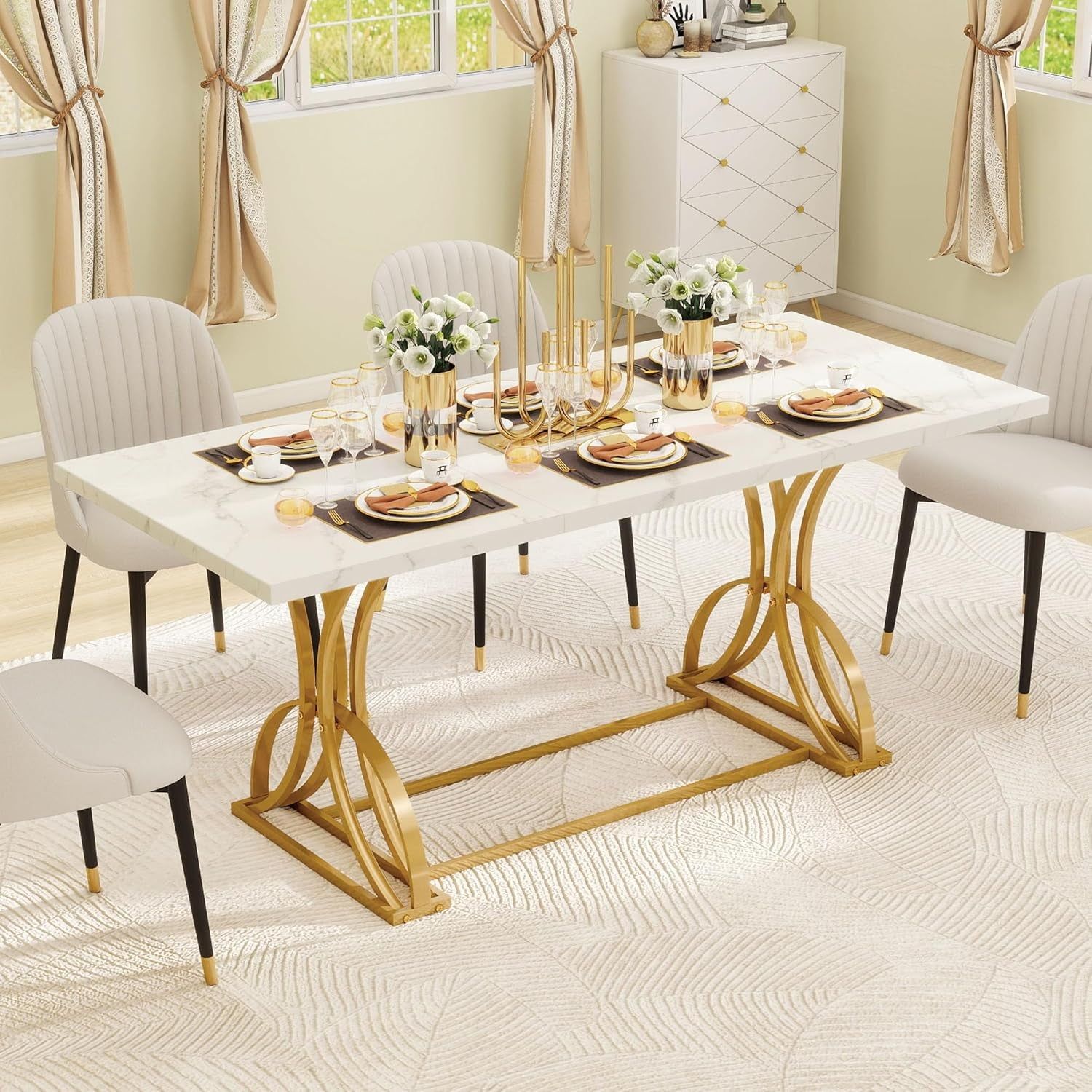 70.3&quot; Large Modern Dining Table for 6-8 People Rectangular White Kitchen Dining Room Table with Faux Marble Tabletop and Gold Geometric Metal Legs Farmhouse Wood Dinner Tables, White and Gold