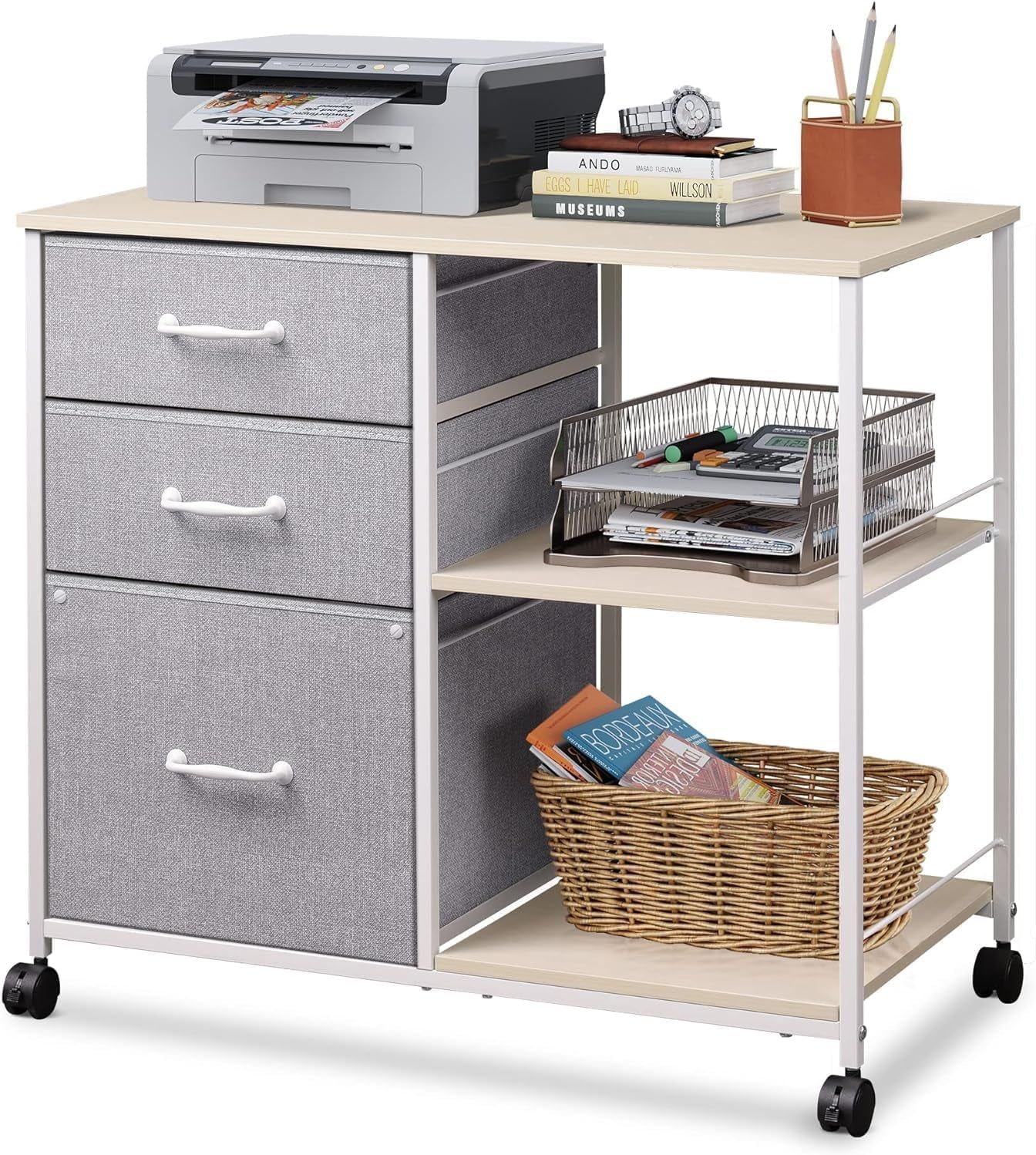 3 Drawer Mobile File Cabinet, Rolling Printer Stand with Open Storage Shelf, Fabric Lateral Filing Cabinet Fits A4 or Letter Size for Home Office, Light Grey