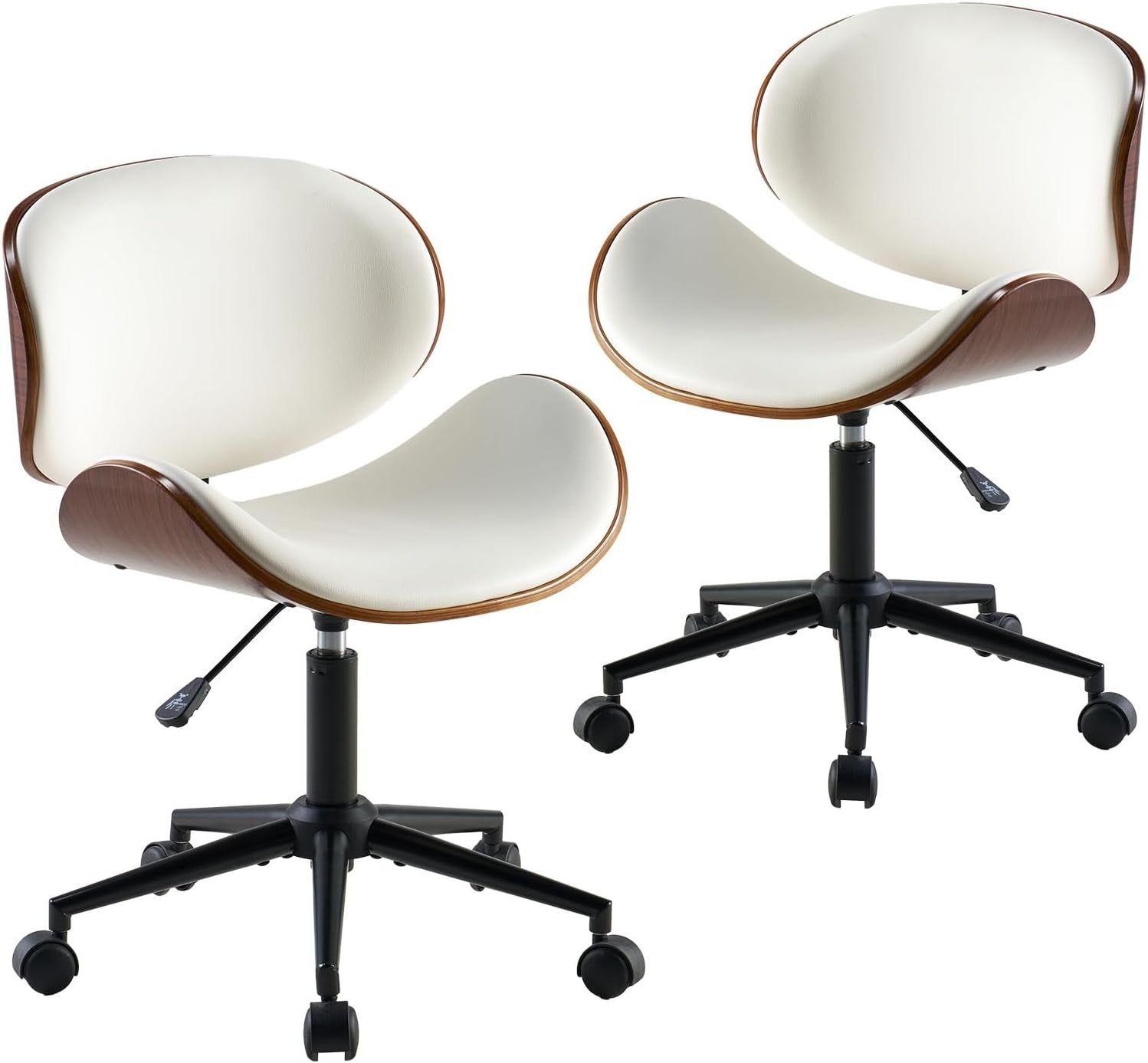 Home Office Chair Set of 2, PU Leather Desk Chair, Modern Swivel Chair with Curved Back, Armless Desk Chair with Wheels for Home Office, White