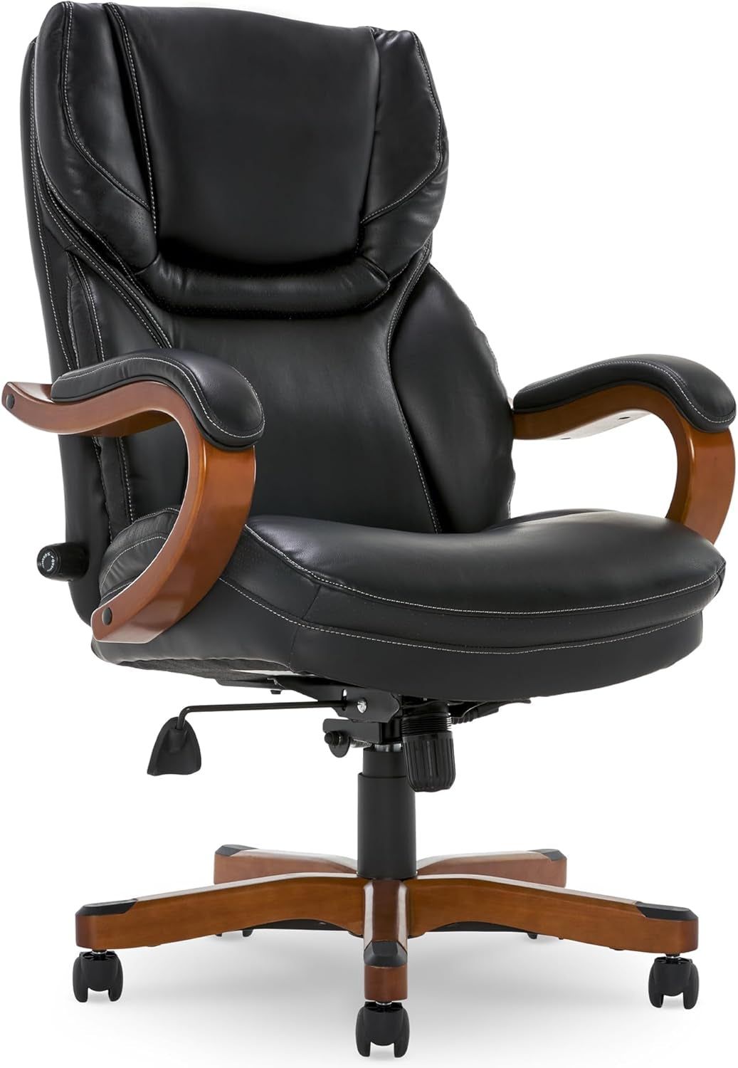 Big and Tall Executive Office Chair with Wood Accents, Adjustable High Back Ergonomic Computer Chair with Lumbar Support, Bonded Leather, Black