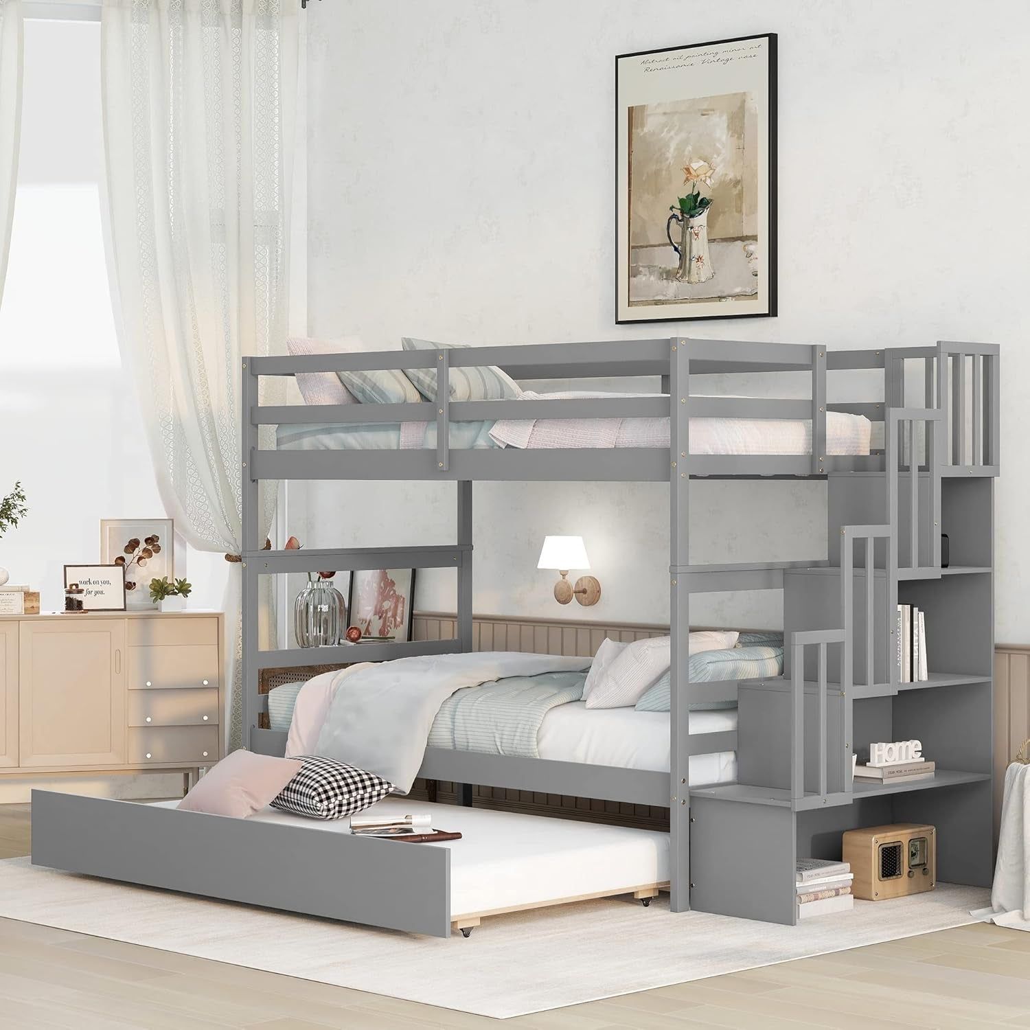 Twin over Twin Bunk Bed with Trundle and Storage Shelf, Solid Wood Bunk Bed with Staircase for Kids,Toddler,Teens,Adults No Box Spring Needed (Grey, Twin/Twin)