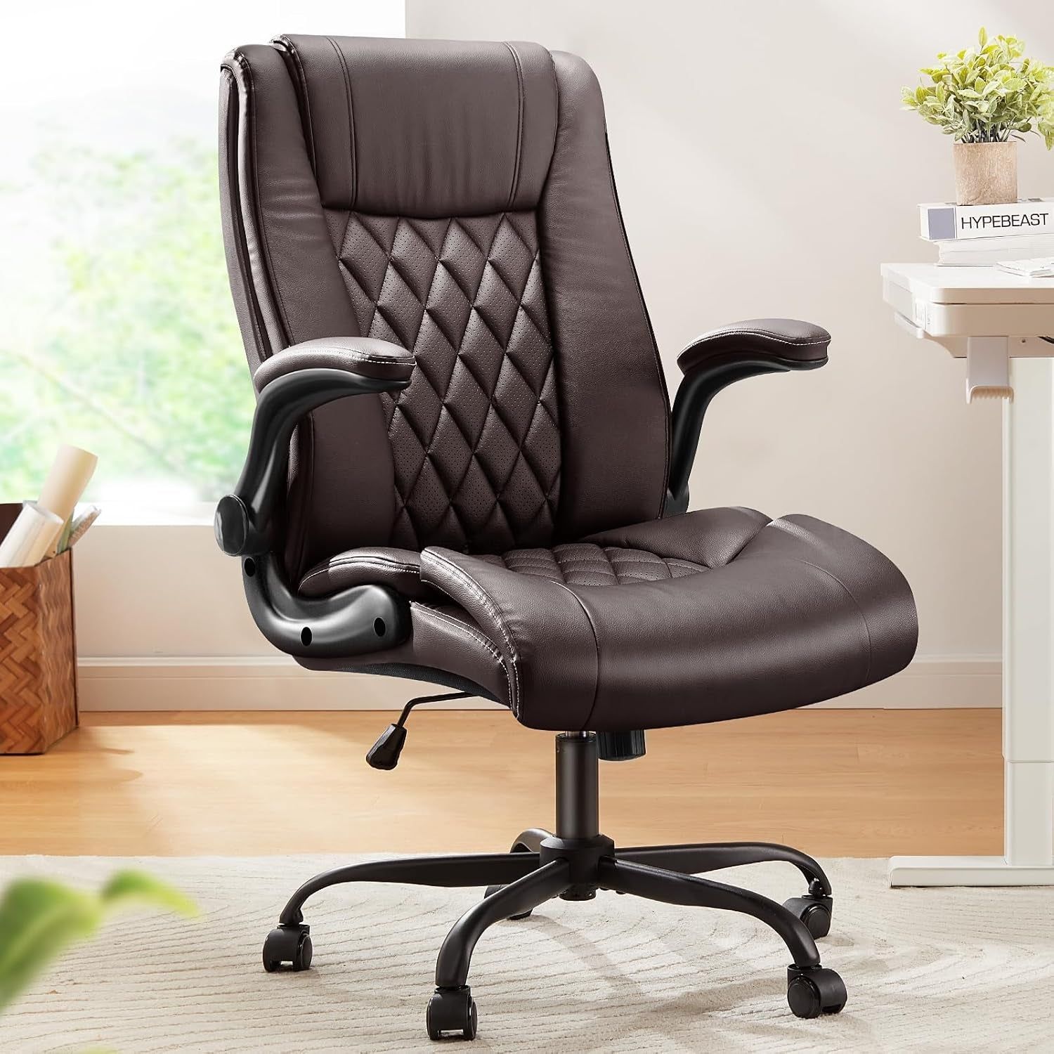 Executive Office Chair with Flip-Up Armrests,Pu Leather Ergonomic Desk Chair Height-Adjustable Swivel Rolling Computer Desk Chair