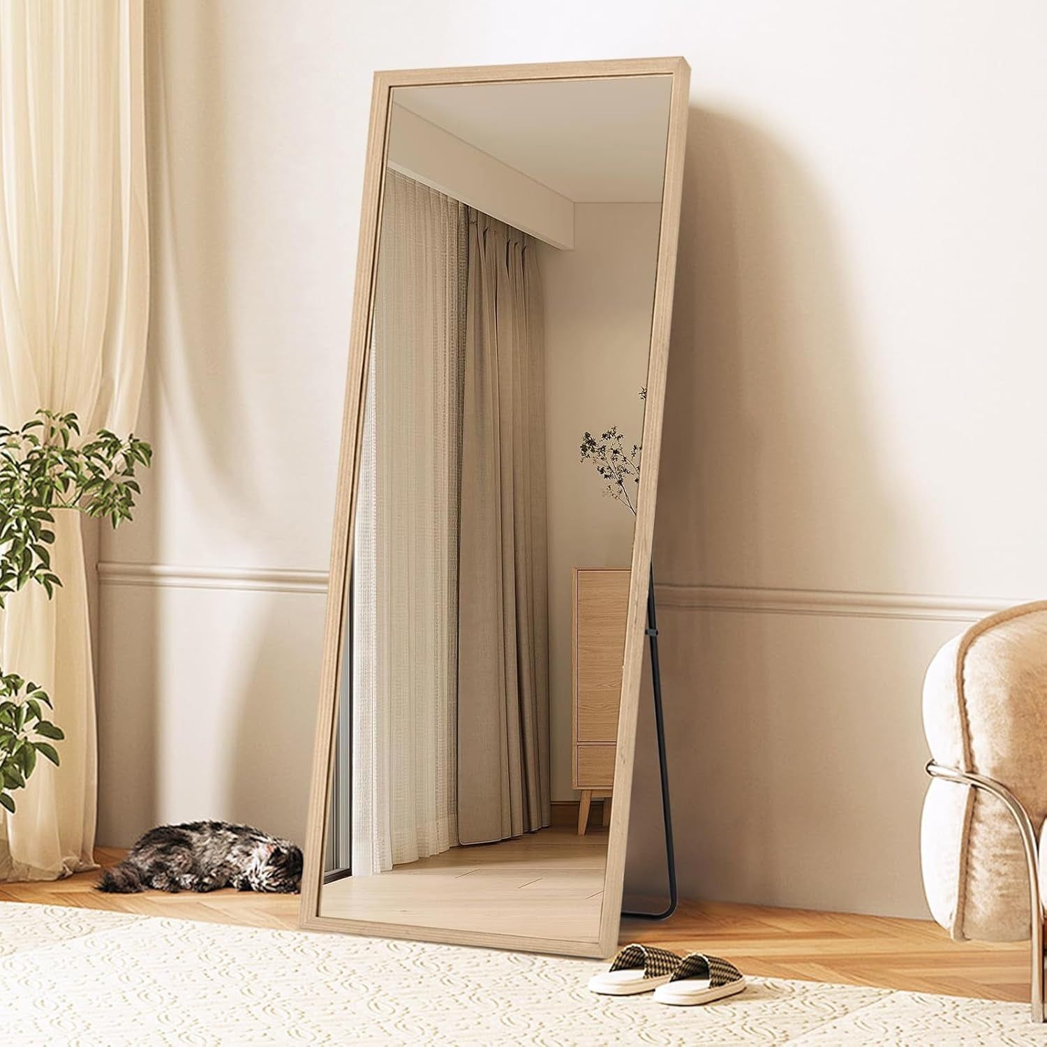 65&quot;×22&quot; Wooden Full Length Mirror, Floor Mirror with Standing Holder Leaning/Hanging Mirror Wood Frame Large Wall-Mounted Mirror for Bedroom/Living Room, Solid Wood