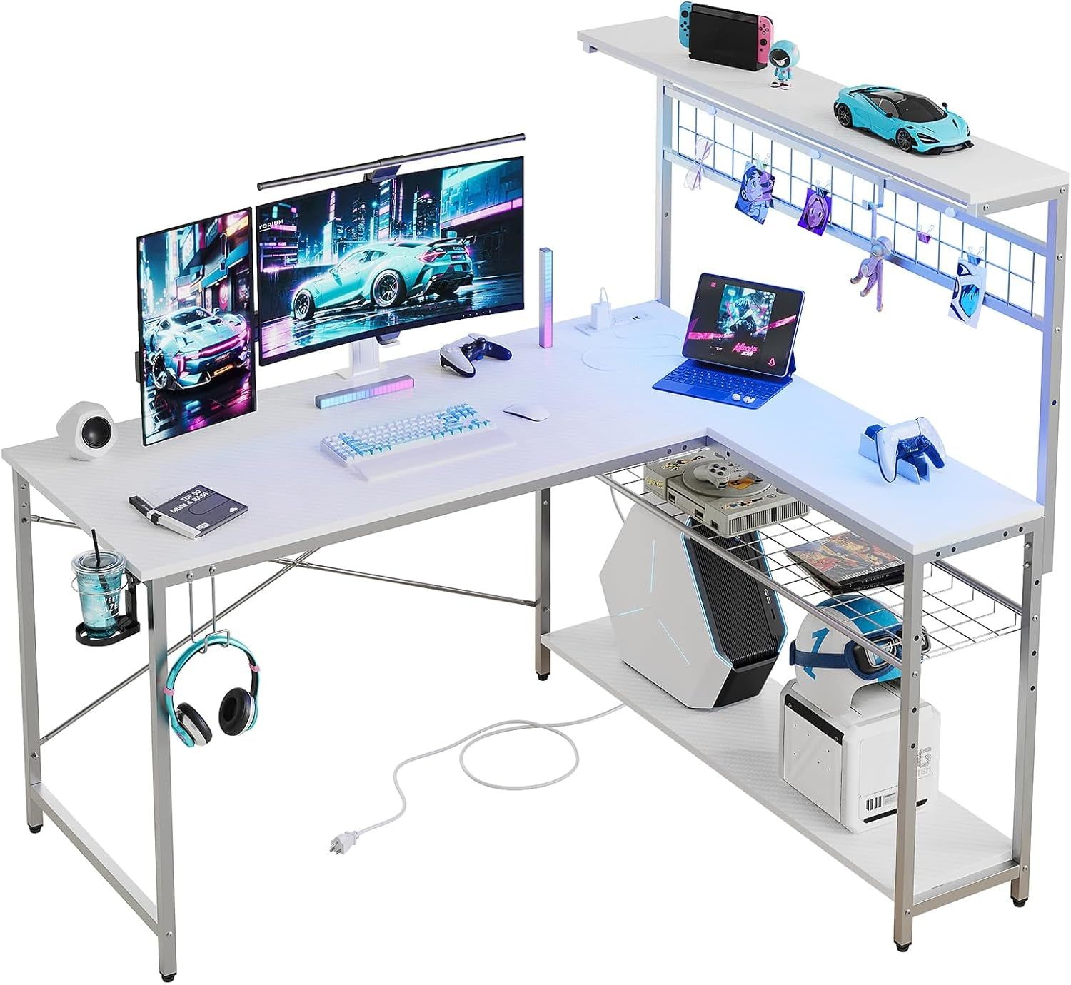 Gaming Desk 51&quot; L-Shaped, with Power Outlets &amp; LED Lights- 4 Tier Shelves, Reversible Gamer Table with Hooks &amp; Cup Holder for Home Office,Carbon Fiber White