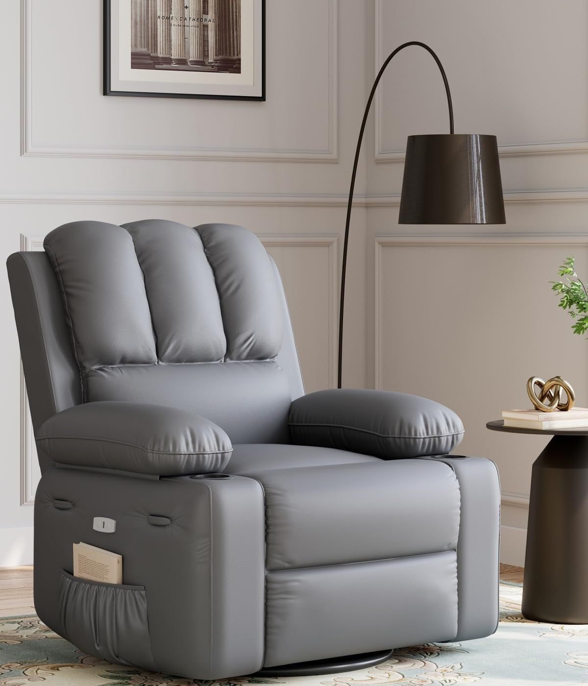 Oversized Power Recliner Chair with Heat and Massage - 360° Swivel Lazy Recliner Chair for Adults, Faux Leather Rocking Chair with Cup Holder for Living Rooms, Bedrooms, and Nurseries - Grey