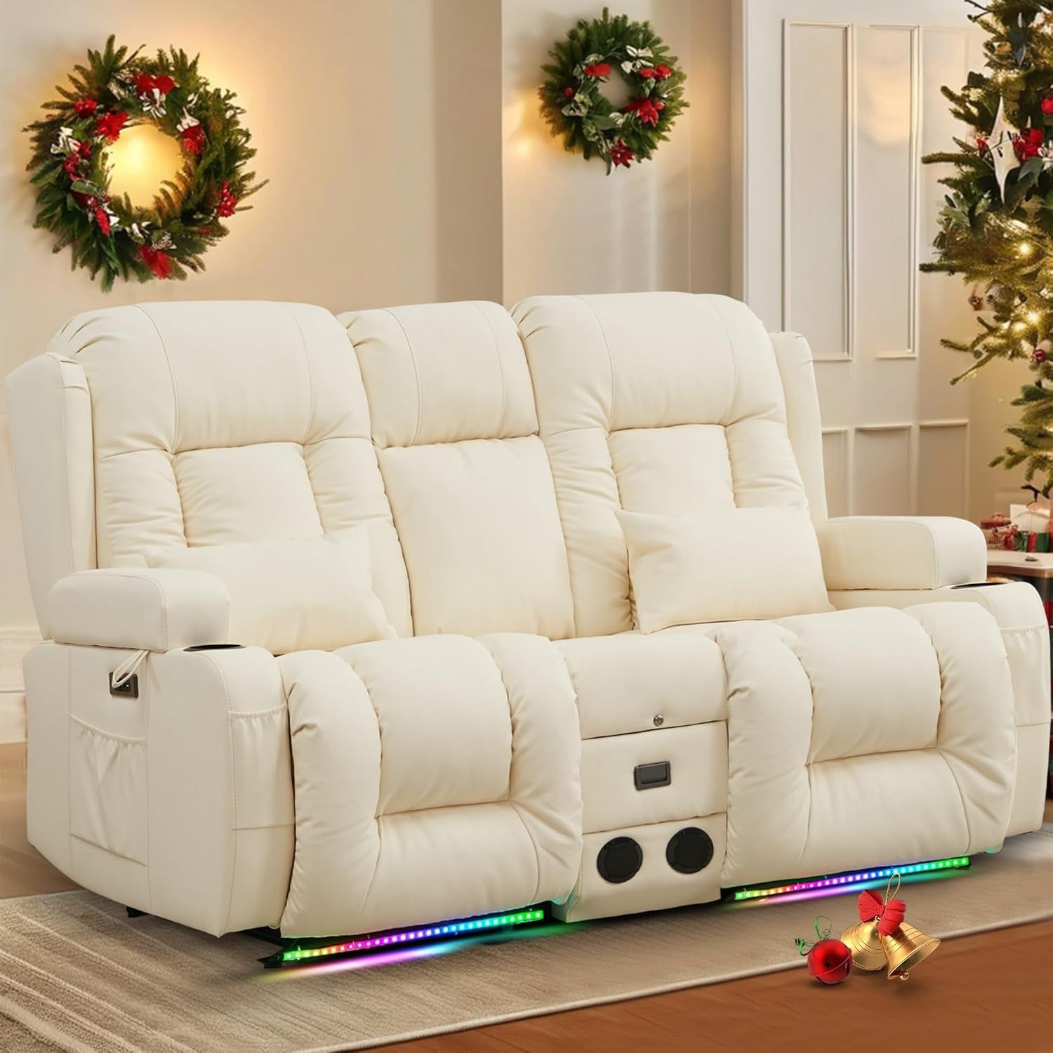 Power Loveseat Recliner Sofa with Massage &amp; Heat Home Theater Seating with Console Electric Recliner RV Sofa with Usb/Outlet/Storage/Side Pocket/Led Light/Speaker (Cream White)