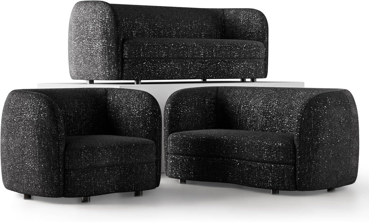 Nimiane Modern Boucle Seating with Curved Arms and Wooden Legs, Comfy Fabric Upholstered for Living Room, Bedroom, Home Office, 1-Seat + 2-Seat + 3-Seat, Black