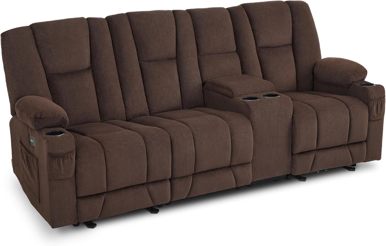 Power Reclining Sofa with Heat and Vibration,Usb Ports, Cup Holders,3-Seat Dual Recliner Sofa with Console for Living Room 6035 (Brown)