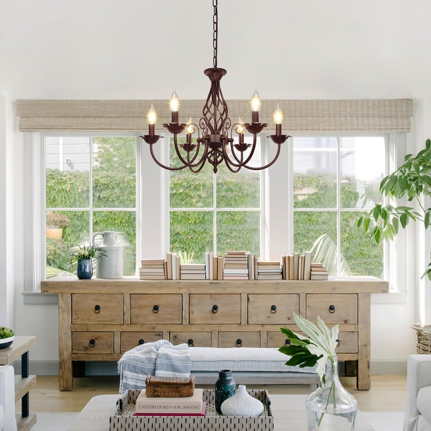 6-Light Farmhouse Candle Chandelier for Living Room, Rustic Industrial Pendant Ceiling Light Fixture, Vintage Hanging Lamp for Bedroom Hallway Kitchen Dining Room Foyer, E12 Socket, Oil Rubbed Brown