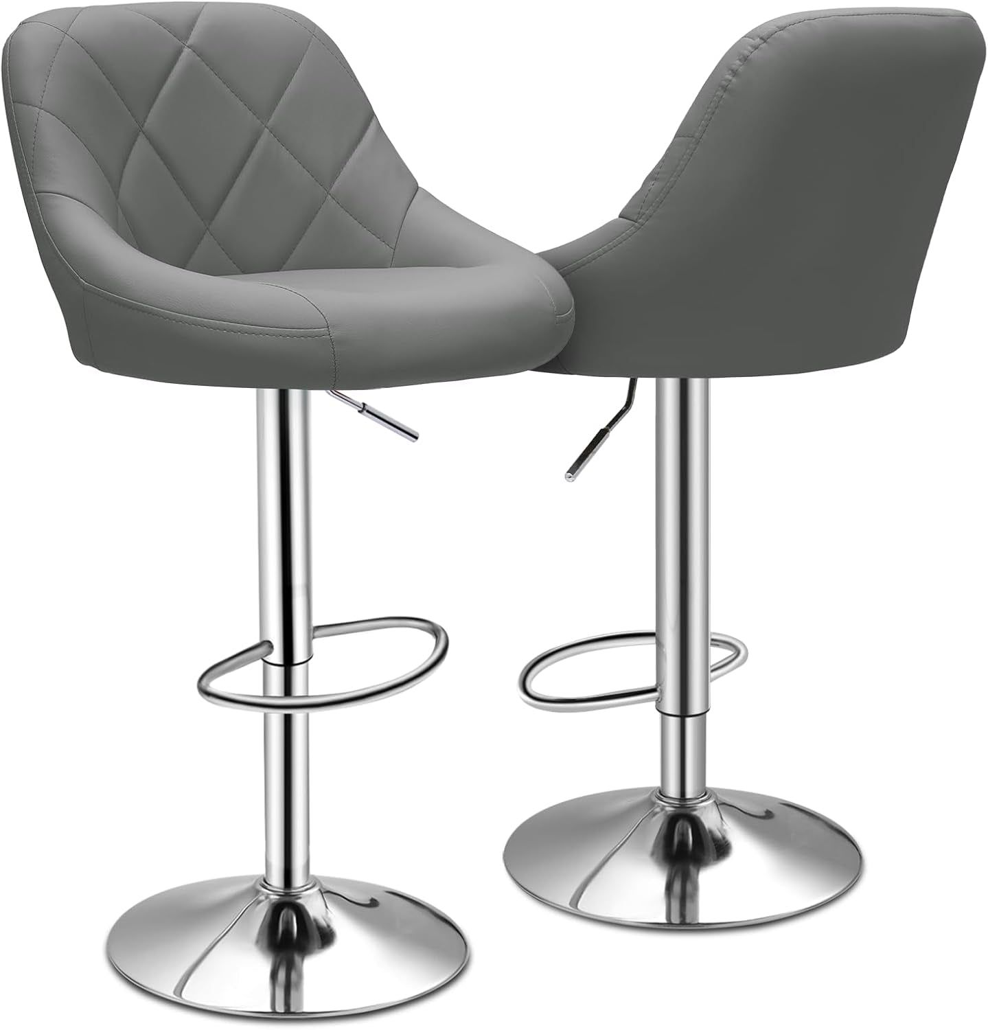 Bar Stools Set of 2 for Kitchen Counter, Height Adjustable Swivel PU Leather Barstools, Modern Bar Chair with Back and Footrest,Gray