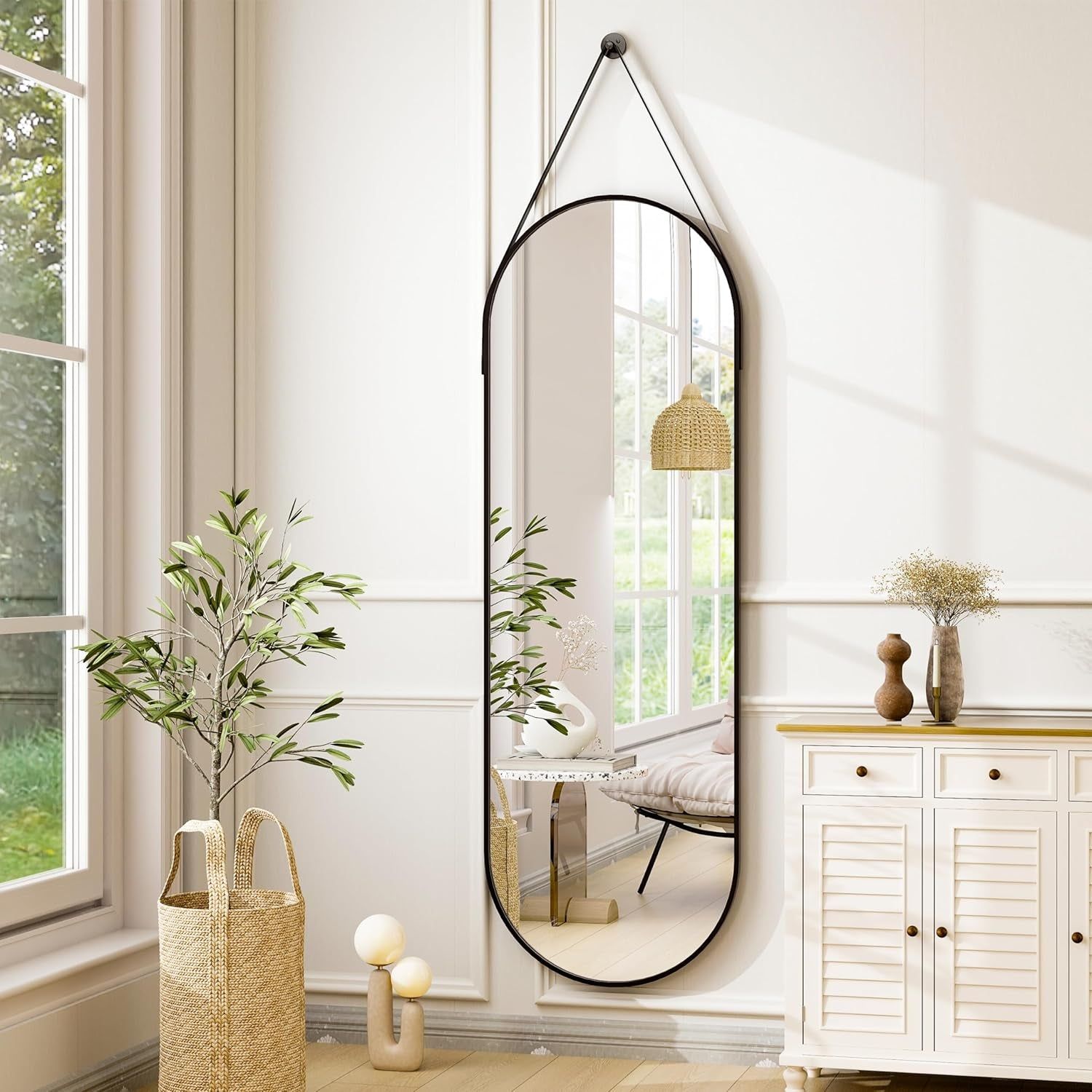 16&quot;X48&quot; Oval Hanging Mirror with Leather Strap Full Length Mirror Aluminum Frame Wall-Mounted Hanging Mirrors for Bathroom Vanity Living Room Bedroom Entryway Decor