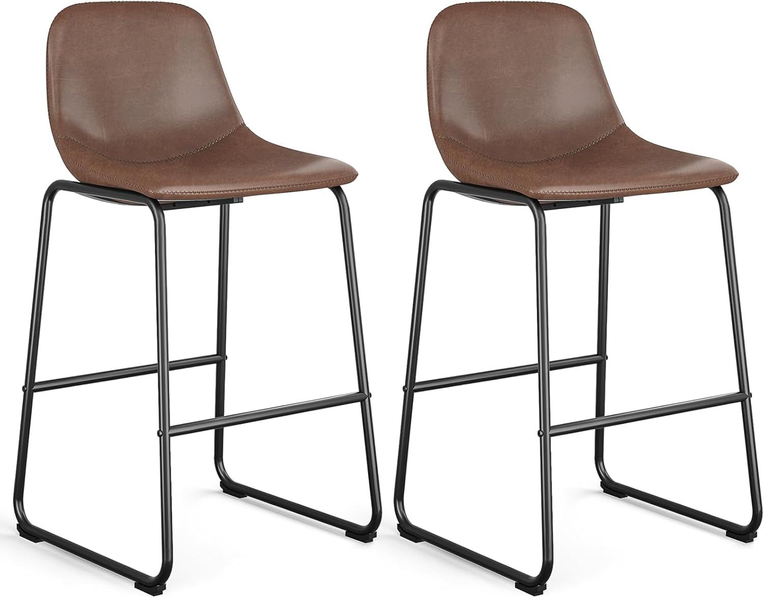 Pu Faux Leather Bar Stools Set of 2, Industrial Pub Barstools with Back and Footrest, Modern Armless Bar Height Stool Chairs (Brown, 30&quot; Barstool X2)