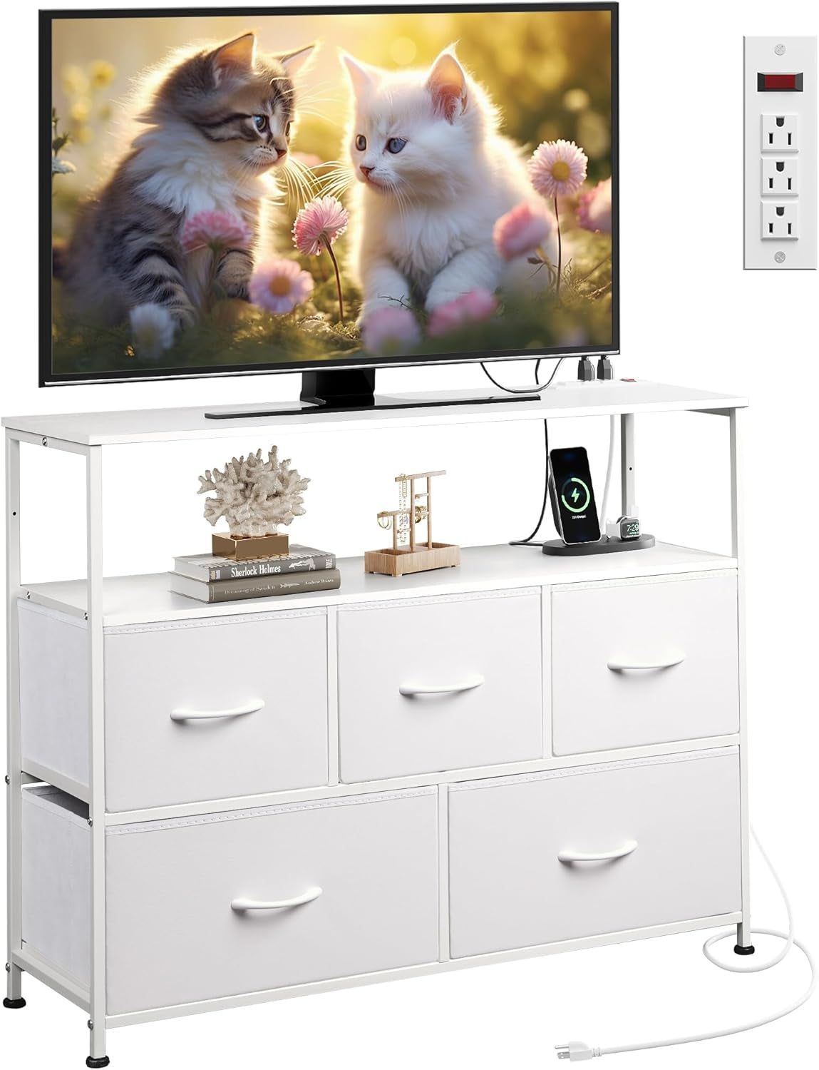 Dresser TV Stand for Bedroom, Entertainment Center with Open Shelf and Power Outlet, White Fabric Dressers with 5 Drawers, TV Stands for Closet