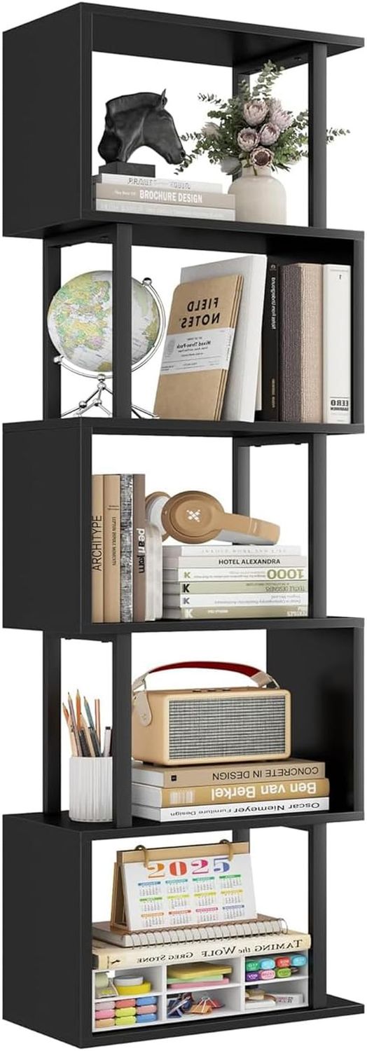 5-Tier Bookshelf, Tall S-Shaped Geometric Bookcase, Wood and Metal Decorative Storage Shelving, Modern Freestanding Display Shelves, Book Shelf Unit for Living Room Bedroom Home Office, Black