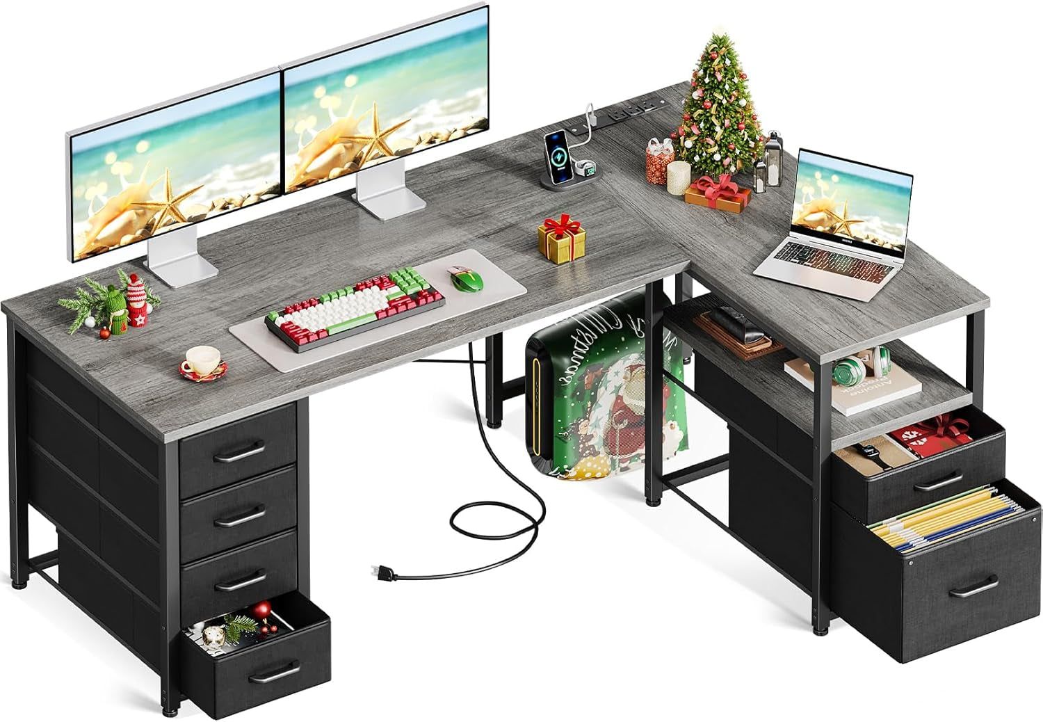 L Shaped Computer Desk with 6 Drawers &amp; Power Outlet, 55 Inch Corner Desk with Reversible Storage Shelf &amp; File Drawer, Home Office Desk, Grey Oak