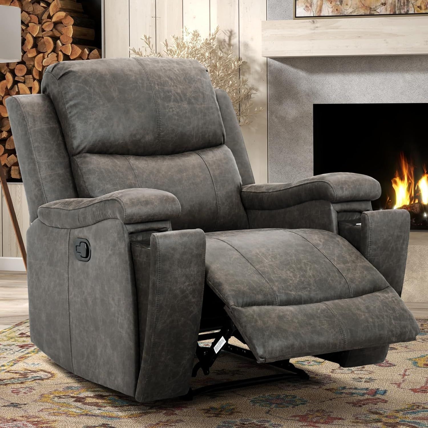 Leather Recliner Chair, Classic and Traditional Manual Recliner Chair with Overstuffed Arms and Back, Manual Single Sofa with Concealed Cup Holders,Grey