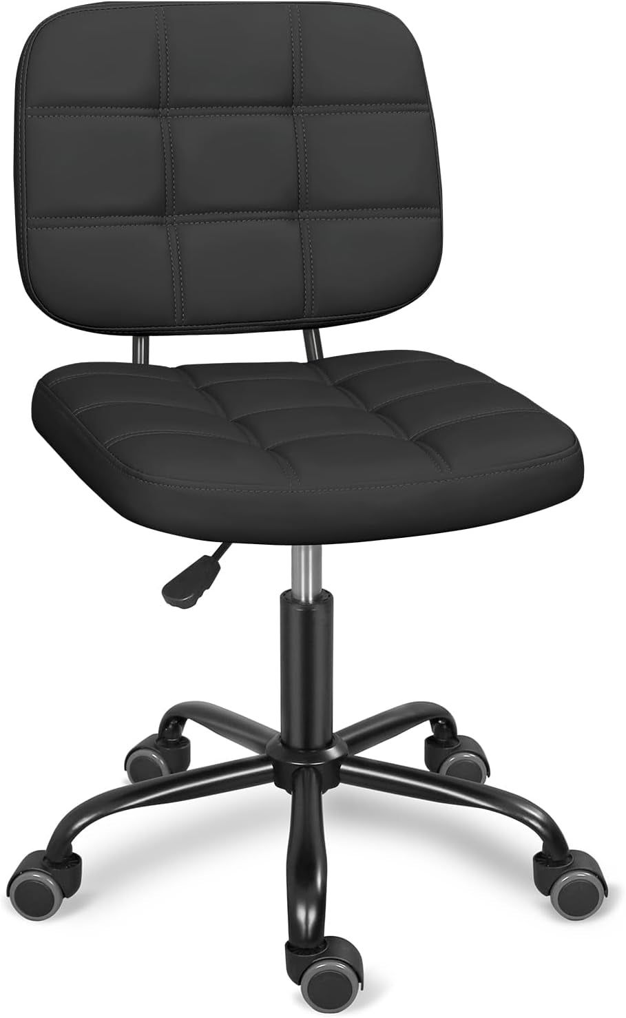 Armless Home Office Desk Chair with Wheels, Modern Ergonomic Drafting Rolling Chair with 360° Swivel Wheels,Height Adjustable Computer Task Chairs for Small Space, Black