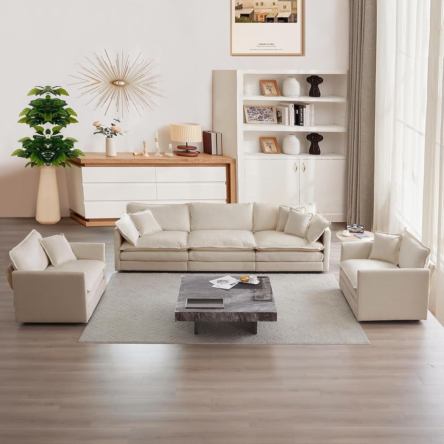 Luxury 3 Piece Sofa Set, 2 Pieces of Single Sofa and 1 Piece of 3 Seater Sofa, Modern Chenille Comfy Cloud Couches Set with 7 Pillows for Living Room Office, Light Coffee