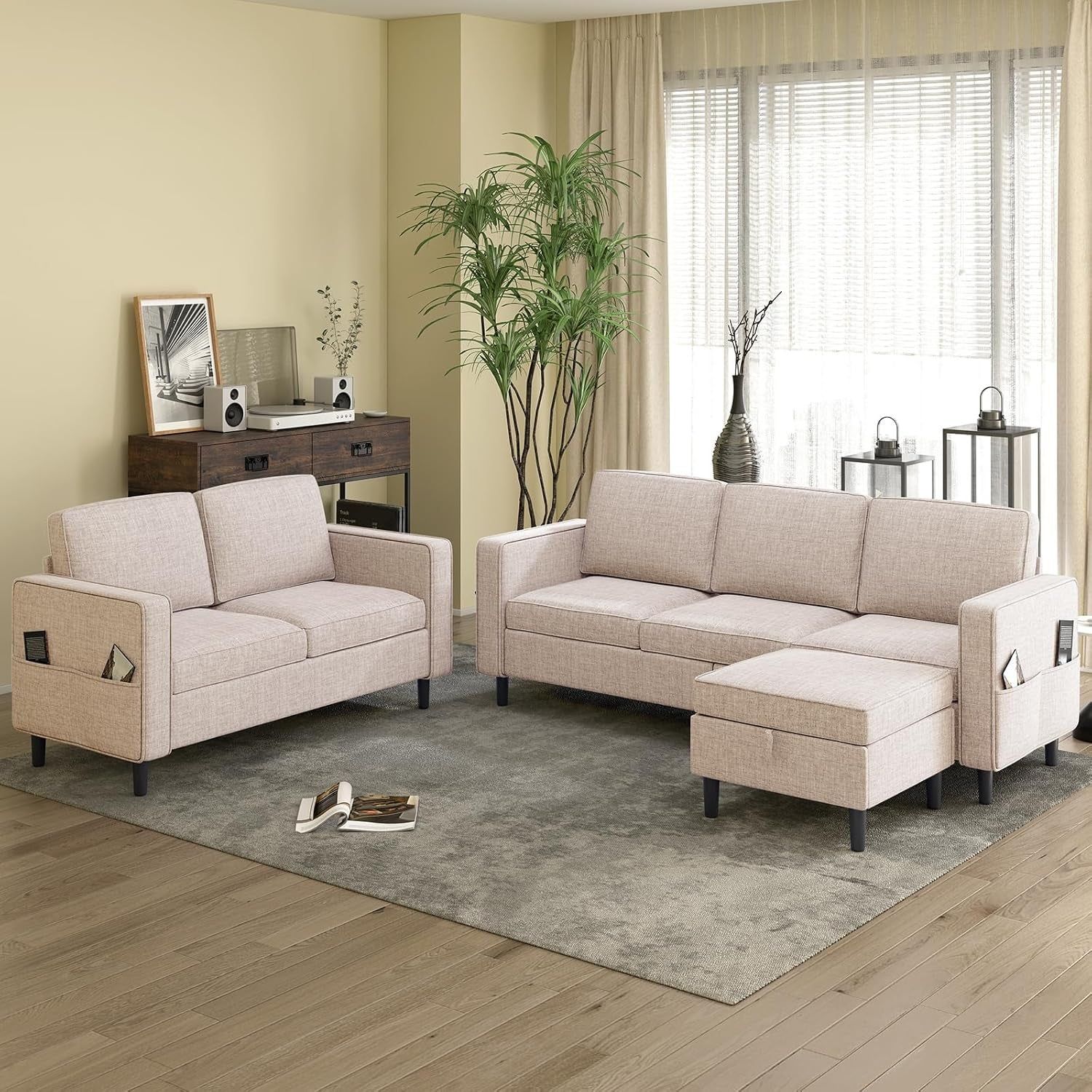L Shaped Sectional Couch and Loveseat Sets, 2 Piece Living Room Sofa Set, Modern Linen 3 Seater Sofa with Storage Ottoman + 2-Seat Love Seat Furniture Sets for Apartment