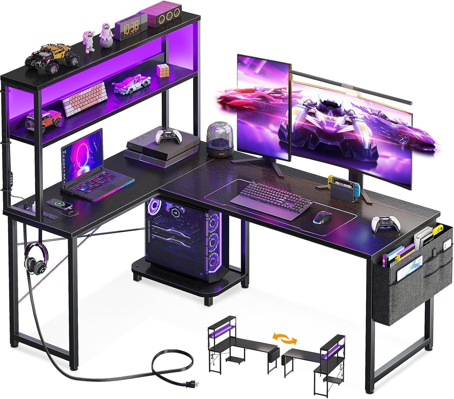 L Shaped Desk Gaming Desk with LED Light &amp; Power Outlet, 53 Inch Reversible L Shaped Computer Desk with Shelf, Corner Desk with Storage Bag&amp;Hook for Home Office Desk, Black