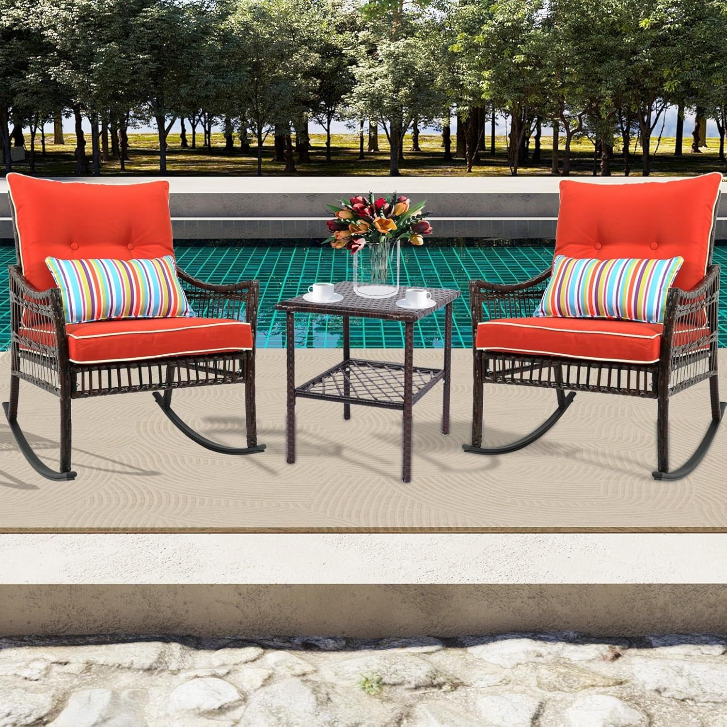 Orange 3 Piece Rocking Wicker Patio Set