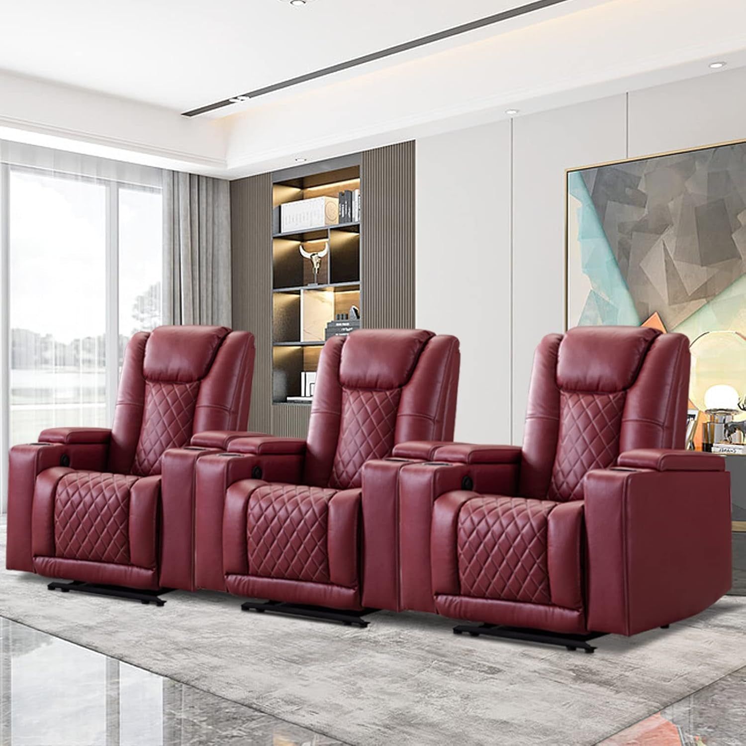Power Recliner Chair Set of 3, PU Leather Electric Home Theater Seating with USB Ports and Cup Holders, Red Overstuffed Reclining Furniture with Hidden Arm Storage