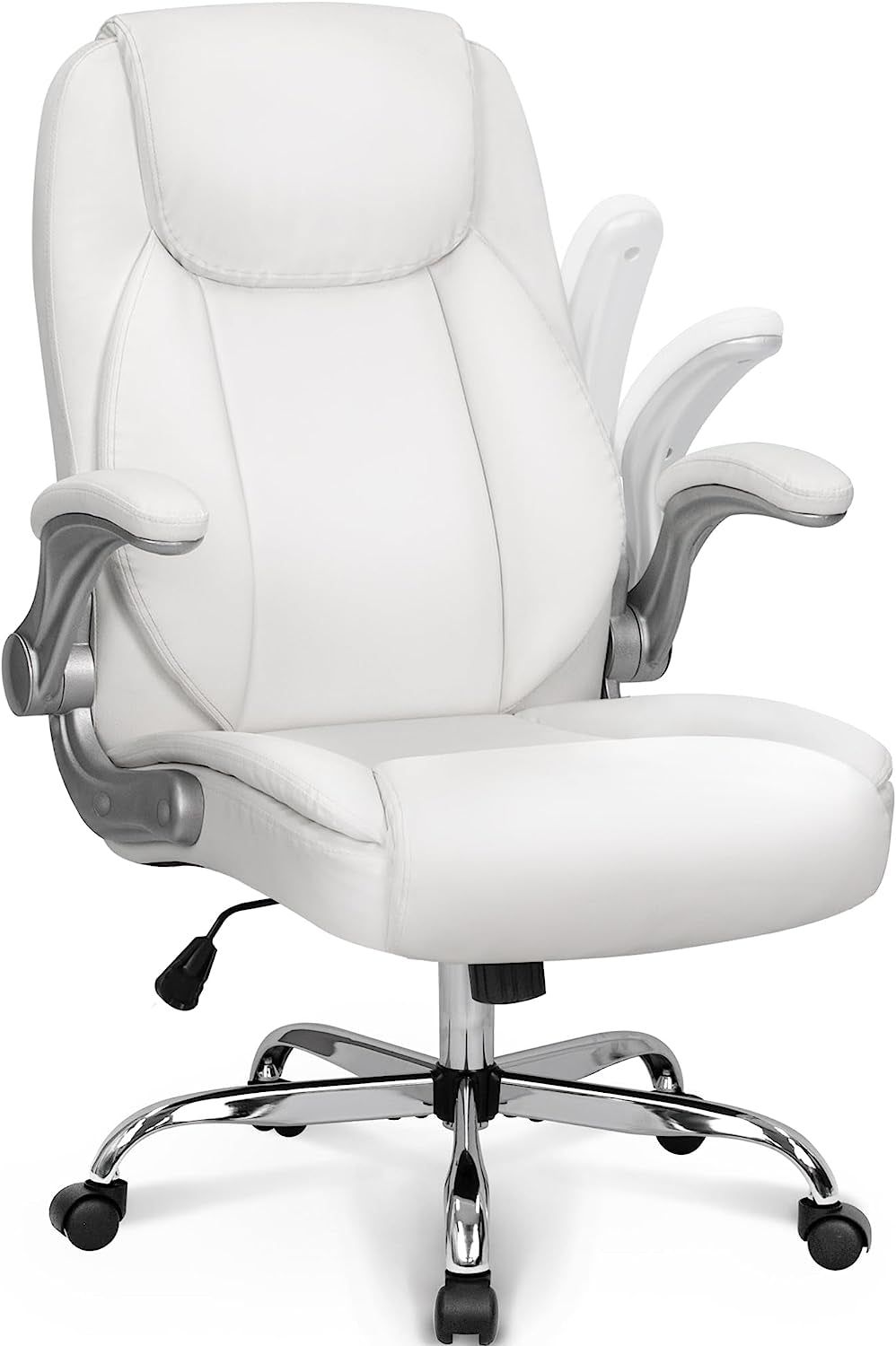 Ergonomic Office Chair PU Leather Executive Chair Padded Flip up Armrest Computer Chair Adjustable Height High Back Lumbar Support Wheels Swivel for Gaming Desk Chair (White)
