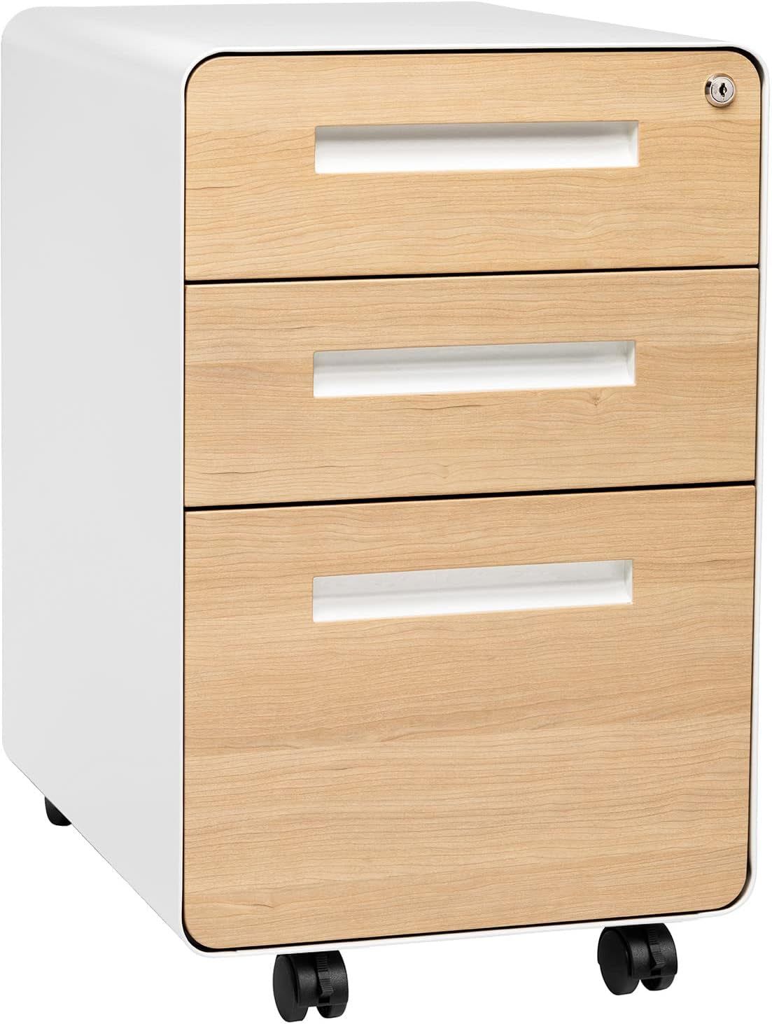 Stockpile 3 Drawer File Cabinet with Lock - under Office Desk Metal Filing Cabinet, Legal/Letter File Folders, Wheels and Stationary Feet, Pre-Assembled, White/Wood