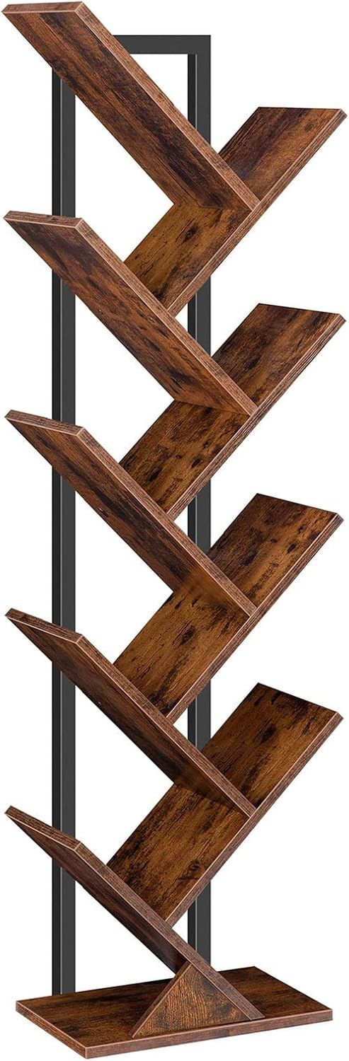 Tree Bookshelf, 9-Tier Bookcase Wooden Shelves, Floor Standing Storage Rack, for Display of Cds, Books in Living Room, Home Office, Wood Storage Rack for Bedroom, Rustic Brown BF08SJ01G1