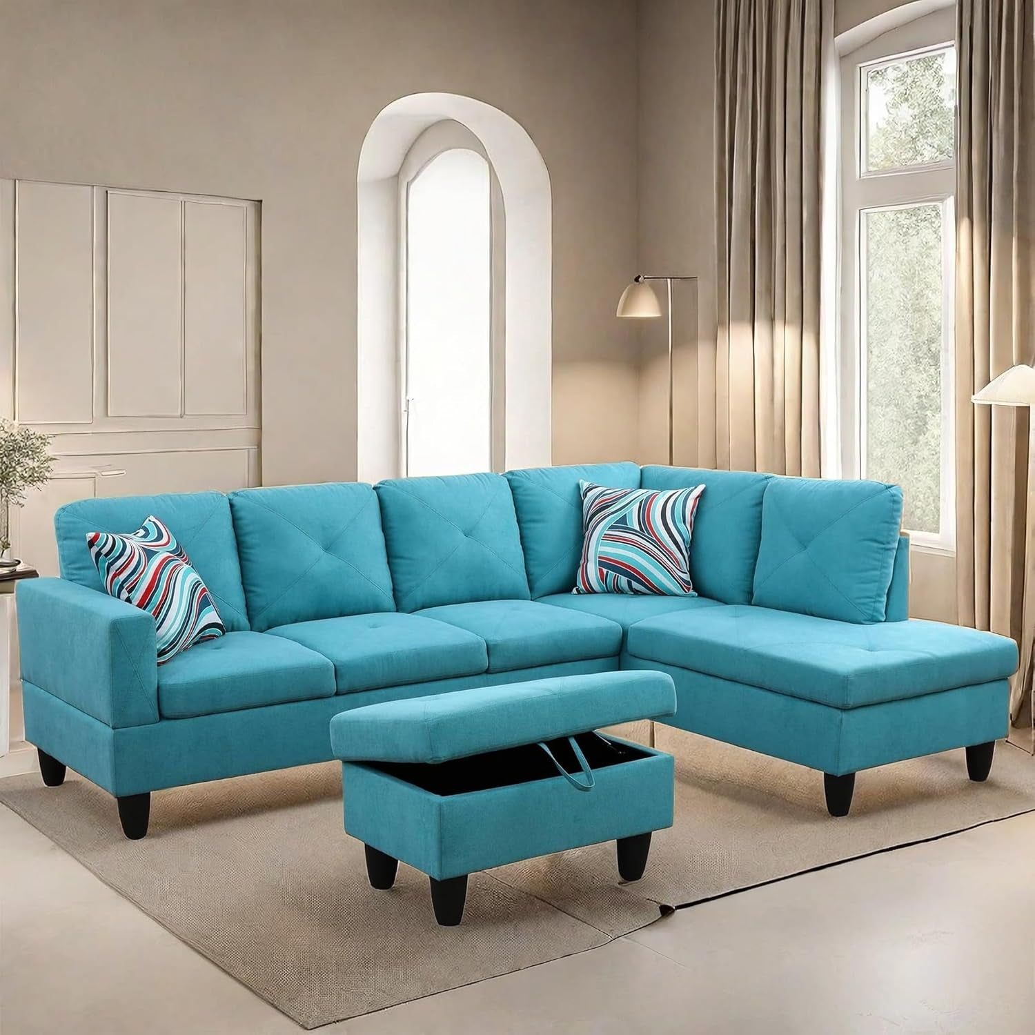 L Shaped Sectional Couches, Modern Convertible Lounge Sofa with Ottoman Storage, Comfy Modular Sectional Sofa for Living Room Furniture Sets, Small Spaces, Bedroom, Blue