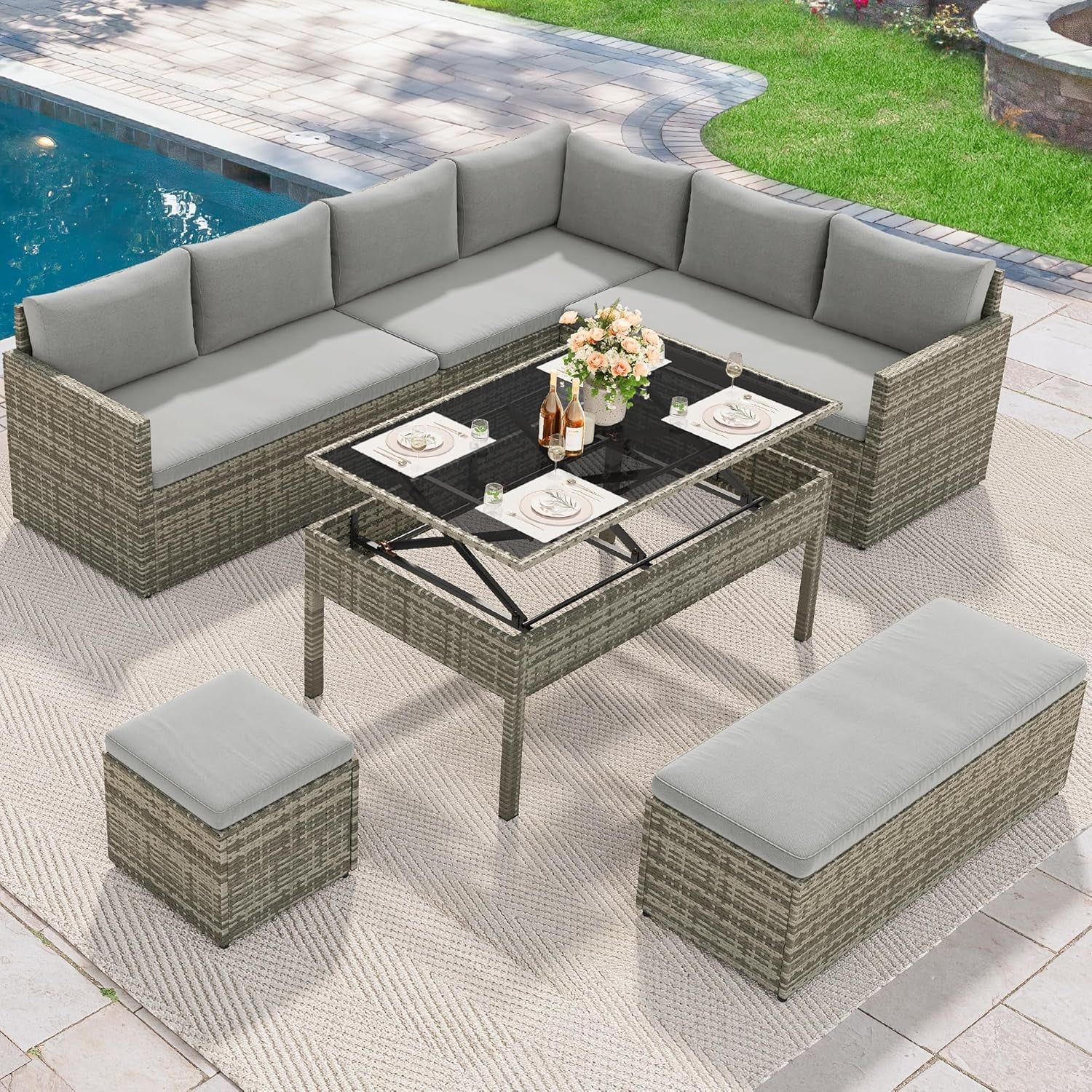 L-Shaped Outdoor Sectional Sofa Set with Adjustable Lift-Top Dining Table, All-Weather Wicker Patio Furniture, Ottoman &amp; Tempered Glass Top, Gray Gradient