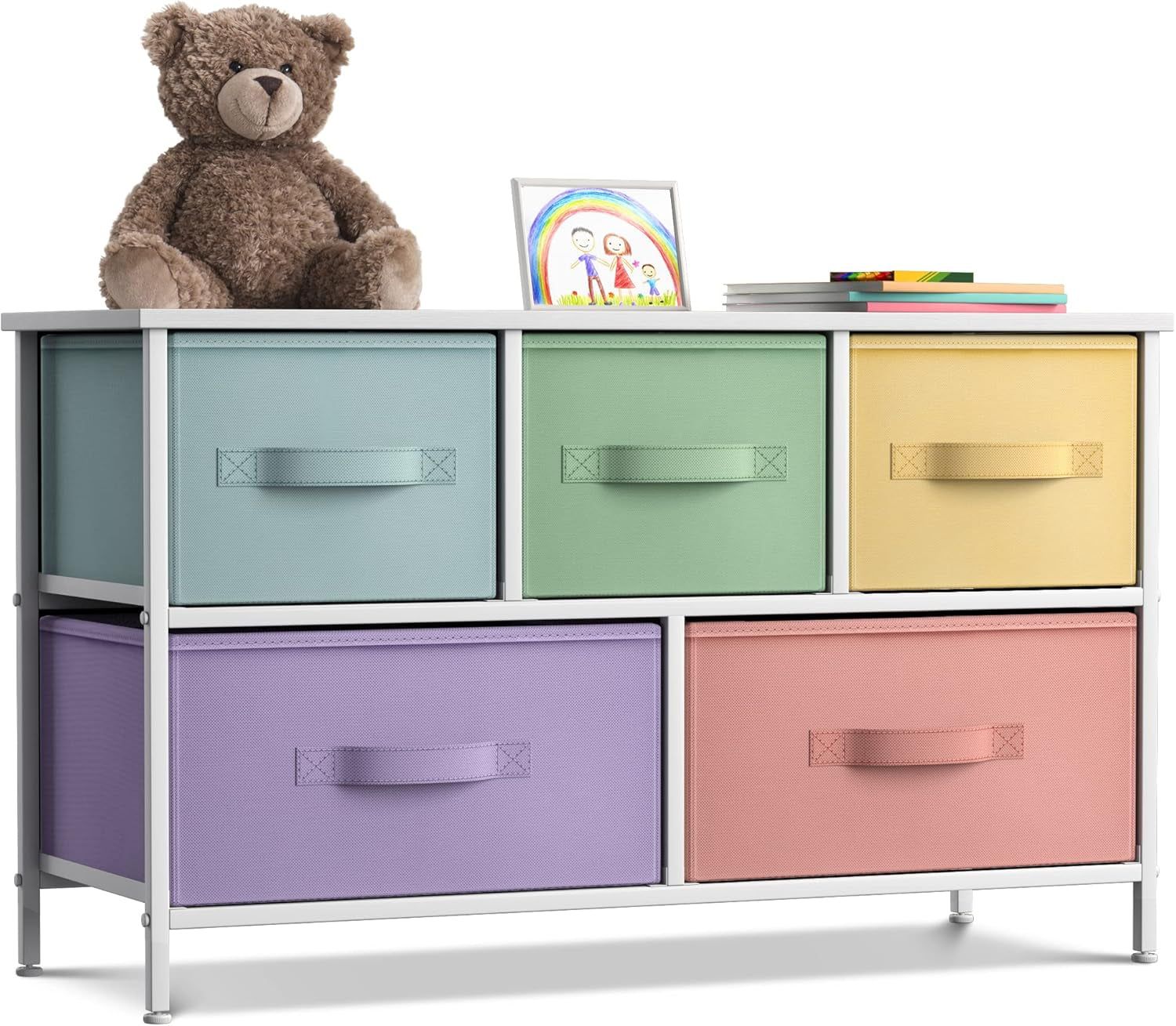 Kids Dresser with 5 Drawers - Storage Chest Organizer Unit with Steel Frame, Wood Top, Easy Pull Fabric Bins - Long Wide TV Stand for Bedroom Furniture, Hallway, Closet &amp; Office Organization