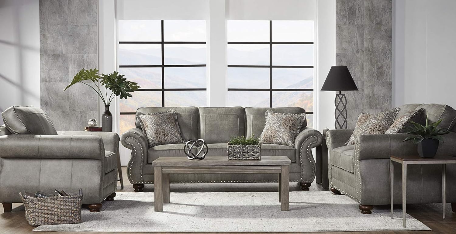 Leinster Faux Leather Upholstered Nailhead 3-Piece Livingroom Set, Sofa, Loveseat, and Chair Set in Stone Gray
