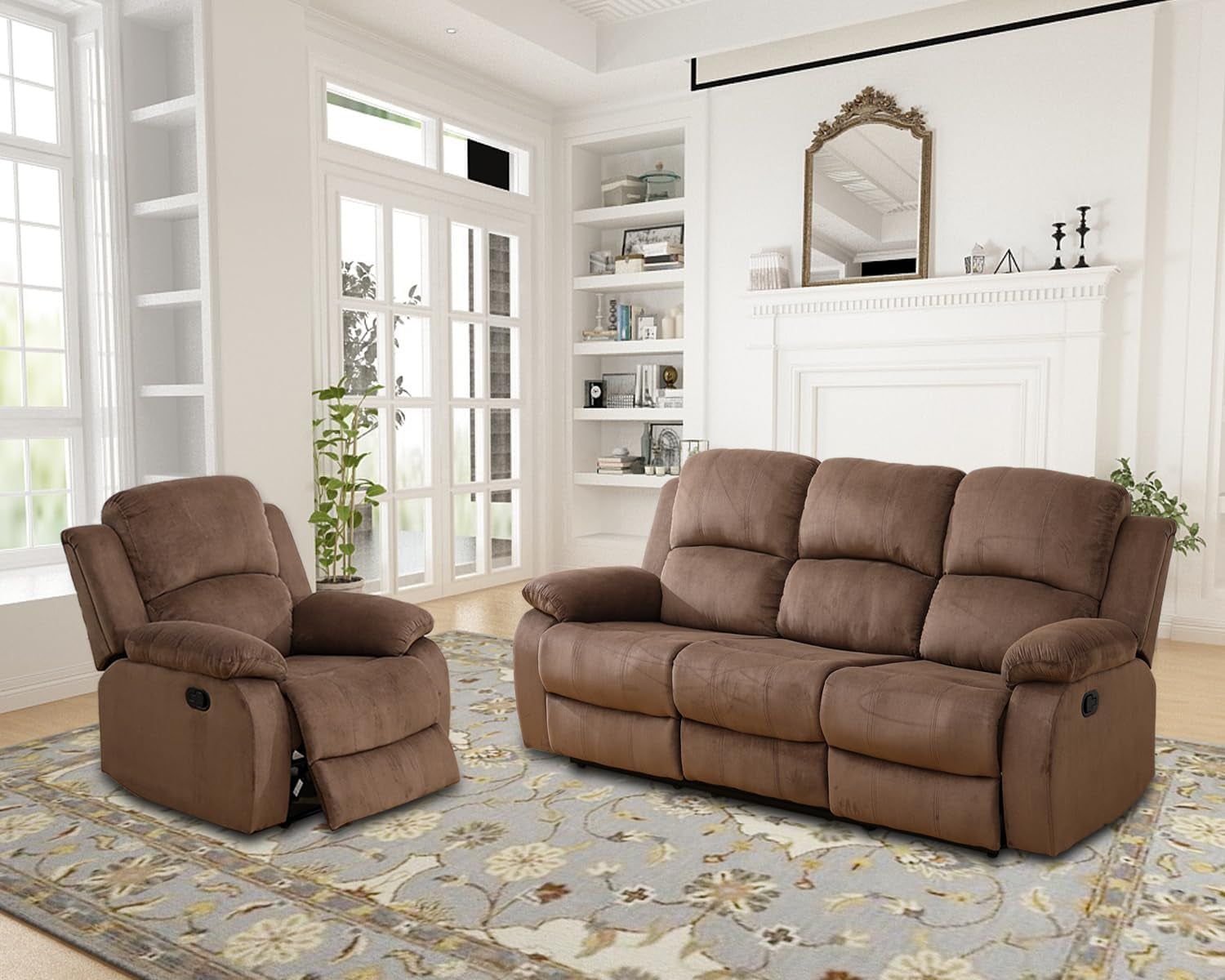 Recliner Sofa Set Living Room Furniture, Corduroy Fabric Reclining Sofa Set, Recliner Couch Set with Cup Holders for Office Home (Sofa and Chair Set, Brown)