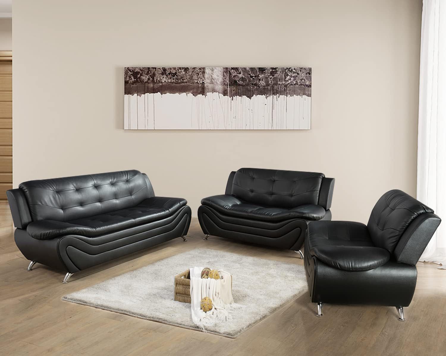 3 Piece Living Room Furniture Set, Leather Sofa Set for Living Room, Modern Couch Set with 3-Seater Sofa, Lovesat and Armchair (Black 1)