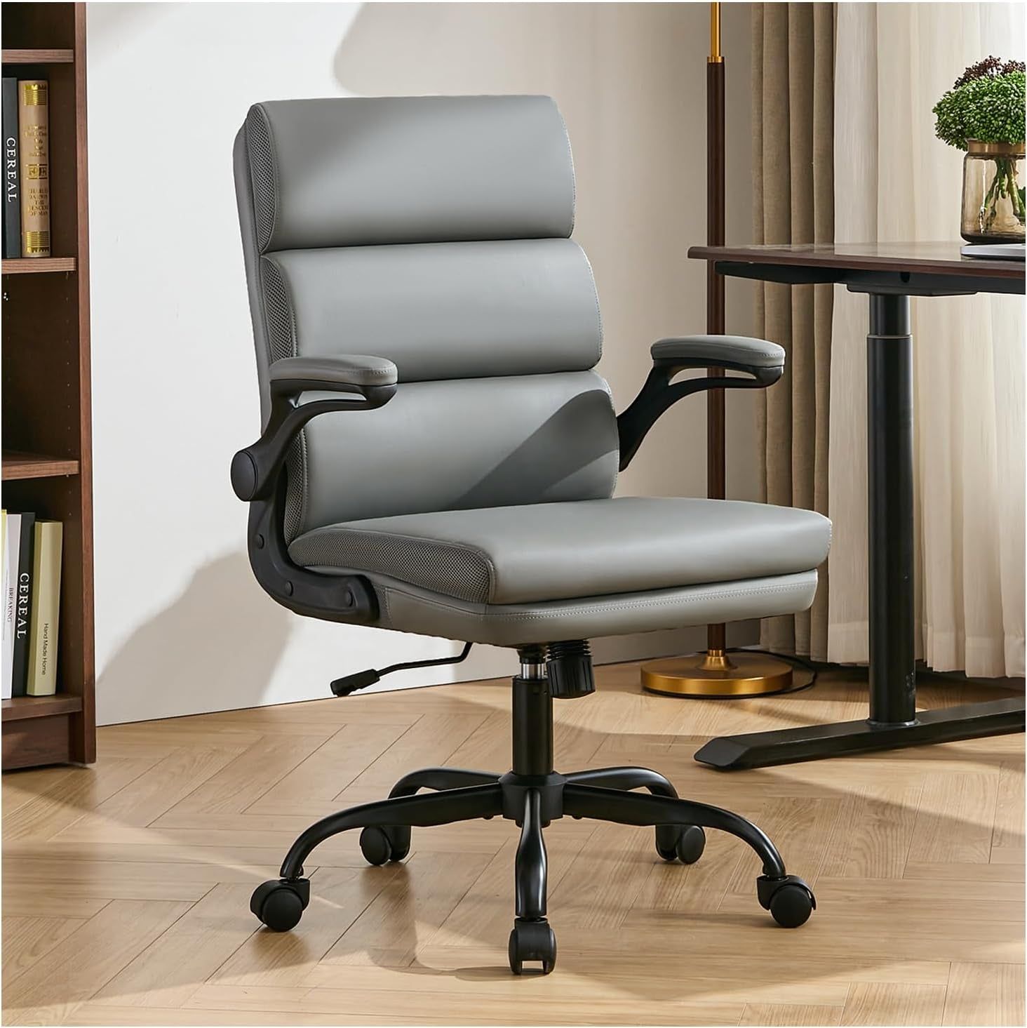 Office Chair Adjustable Desk Chair Mid Back Executive Comfortable Bonded Leather Ergonomic Back Support Home Computer Chair with Padded Flip-Up Armrest Swivel Wheels (Gray)