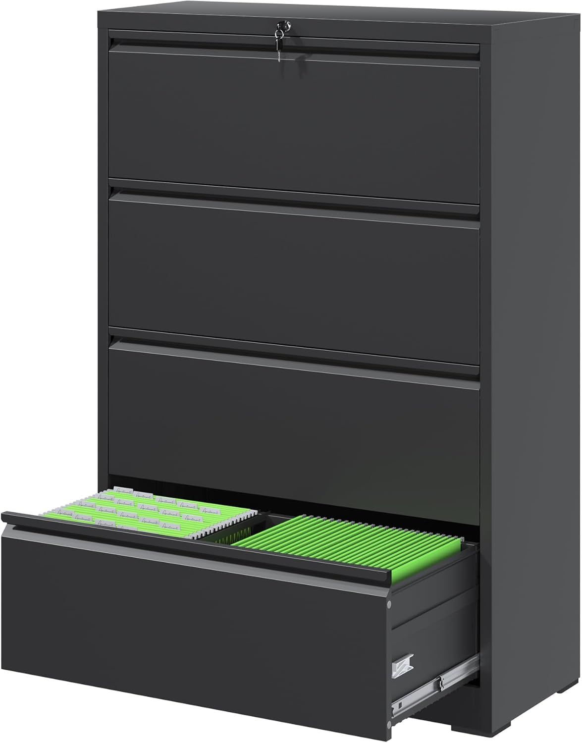 File Cabinets 4 Drawer,Metal Office Storage Filing Cabinet with Lock,Black Lateral Filing Cabinet for Home Office,Horizontal Locking File Cabinet for Legal/Letter/A4,Assembly Require,Black