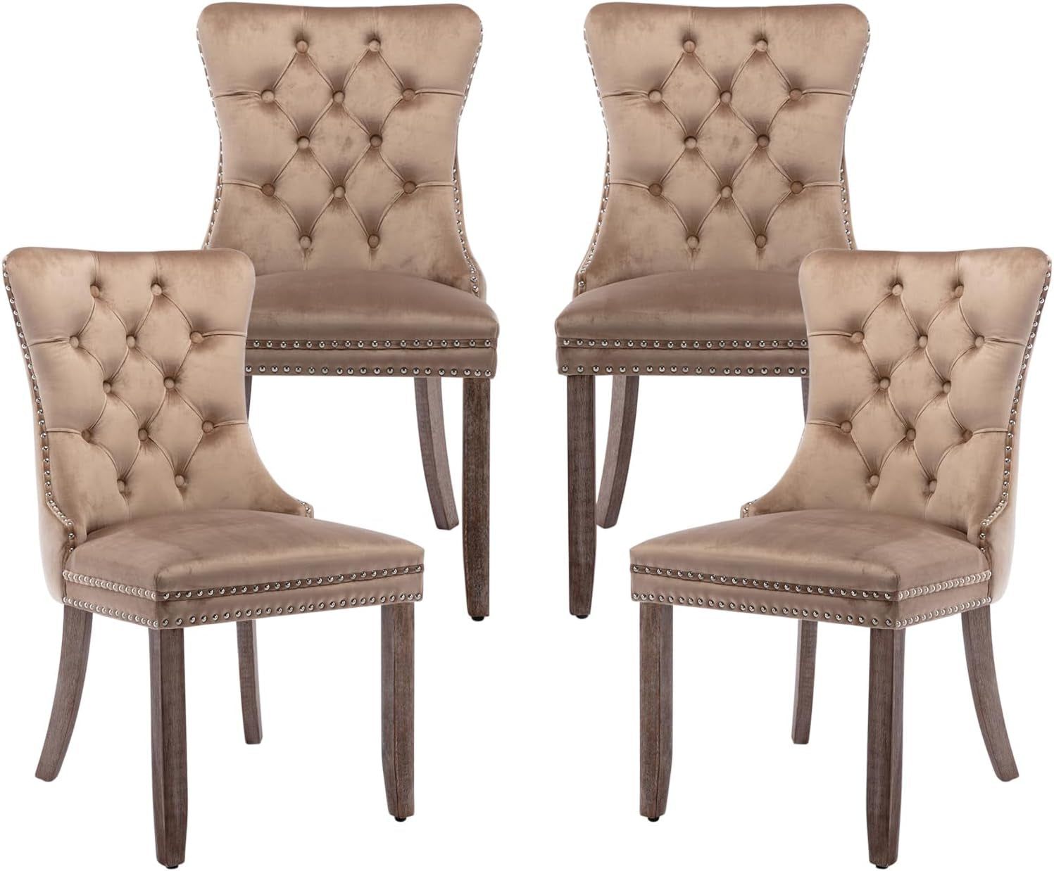 Velvet Dining Chairs Set of 4,Upholstered Dining Chairs with Ring Pull Trim and Button Back,Modern Seating for Kitchen, Bedroom &amp; Living Room(Khaki)