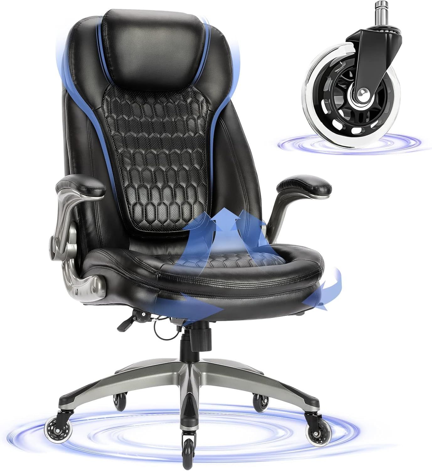 Executive Office Chair-Ergonomic Computer Desk Chair, High Back Leather Chair with Padded Flip-Up Arms, Swivel Home Office Chair Upgraded Caster-Black