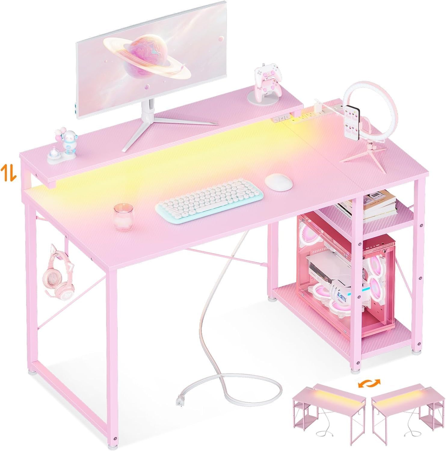 Pink Gaming Desk with Led Lights &amp; Power Outlet, 40 Inch Small Gaming Computer Desk with Shelves, Reversible Gamer Desk with Adjustable Monitor Stand &amp; Headphone Hook, Carbon Fiber Texture