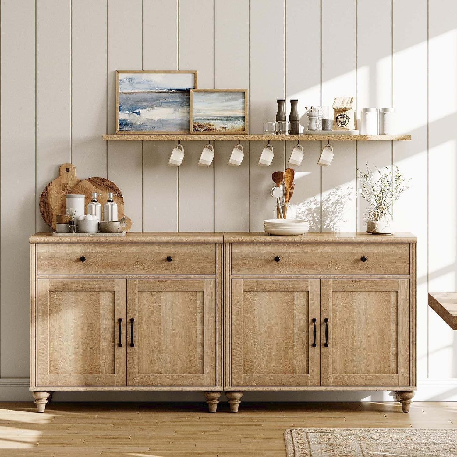 WAMAPT Buffet Cabinet with 4 Doors and 2 Drawers, Large Coffee Bar Tables Wood Kitchen Storage Cabinets with Storage Cabinets, Modern Farmhouse Sideboard Credenza for Dining Room, Oak, 68 Inch