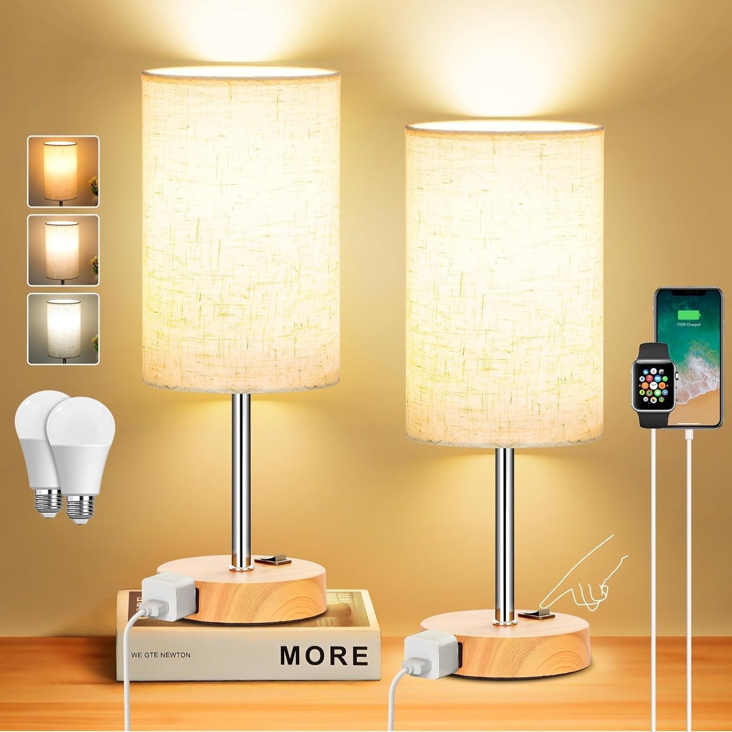 Table Lamp for Bedroom Set of 2, Bedside Small Lamps with 3 Way Dimmable Rocker Switch &amp; AC Outlet, Nightstand Desk Lamp with Flaxen Fabric Shade Woodgrain Base for Living Room Home Decor Lights