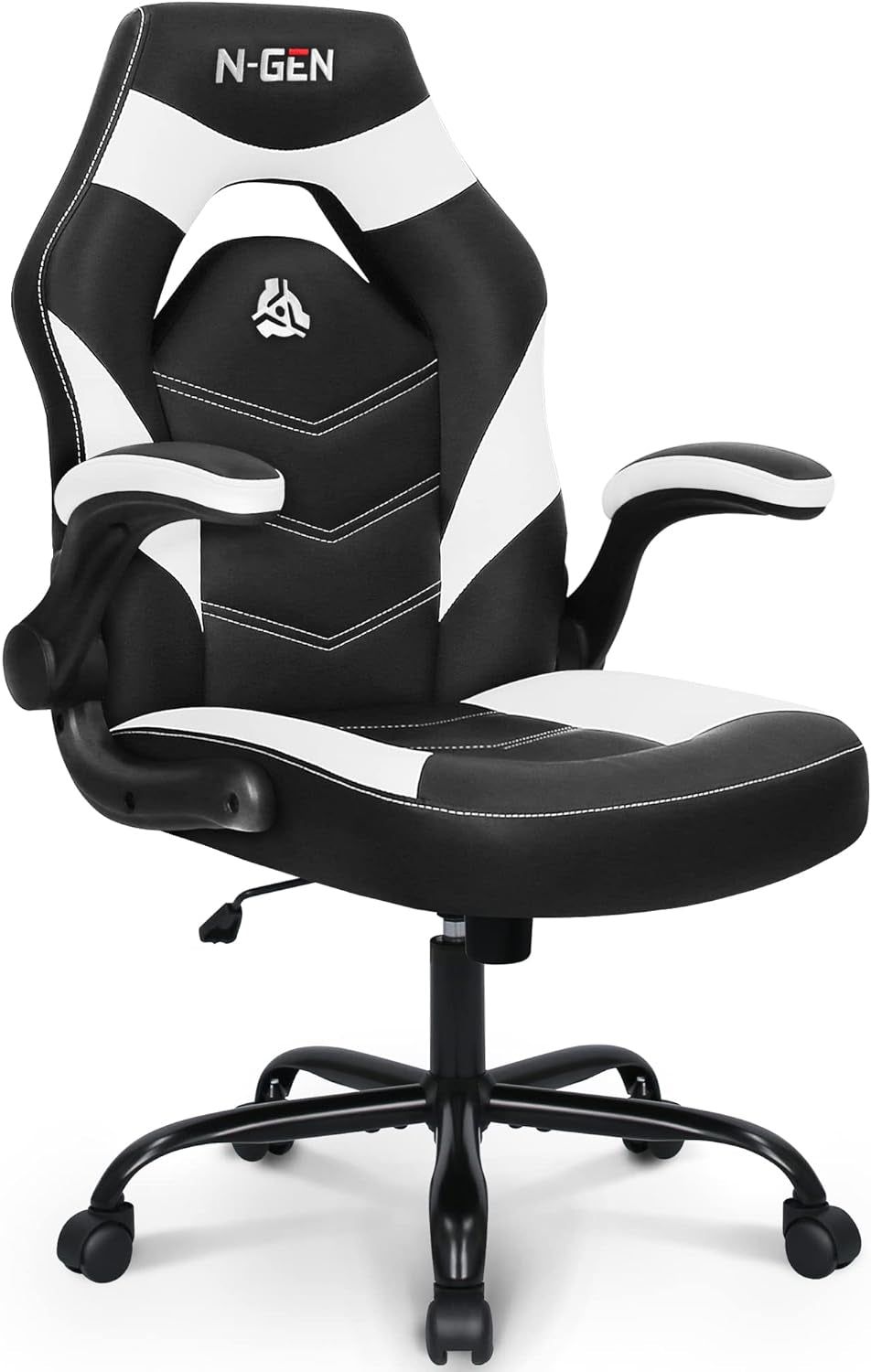 N-GEN Video Gaming Computer Chair Ergonomic Office Chair Desk Chair with Lumbar Support Flip up Arms Adjustable Height Swivel PU Leather Executive with Wheels for Adults Women Men (White)