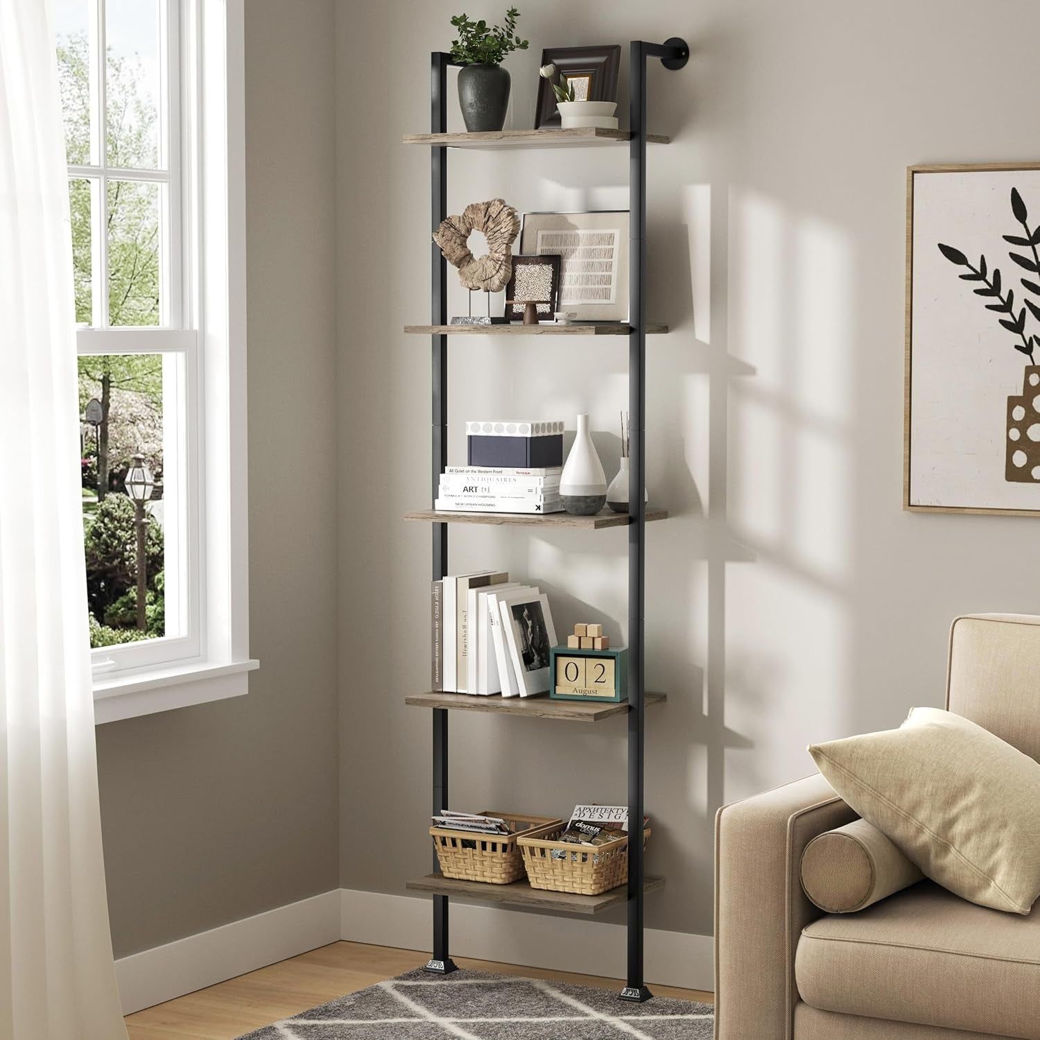 5-Tier Ladder Shelf, Tall Narrow Bookcase for Small Spaces, Book Storage Organizer Case Open Shelves for Living Room, Home Office, Study, Industrial Style Black Metal Frame and Gray Shelf