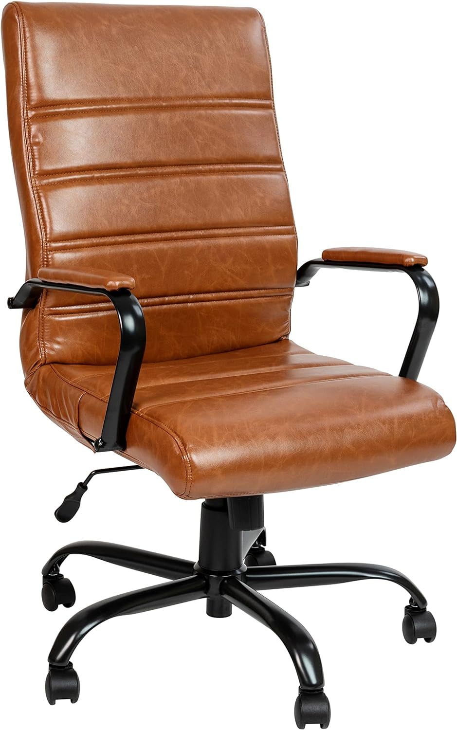 Whitney High-Back Swivel Leathersoft Desk Chair with Padded Seat and Armrests, Adjustable Height Padded Leathersoft Office Chair, Brown/Black Gold